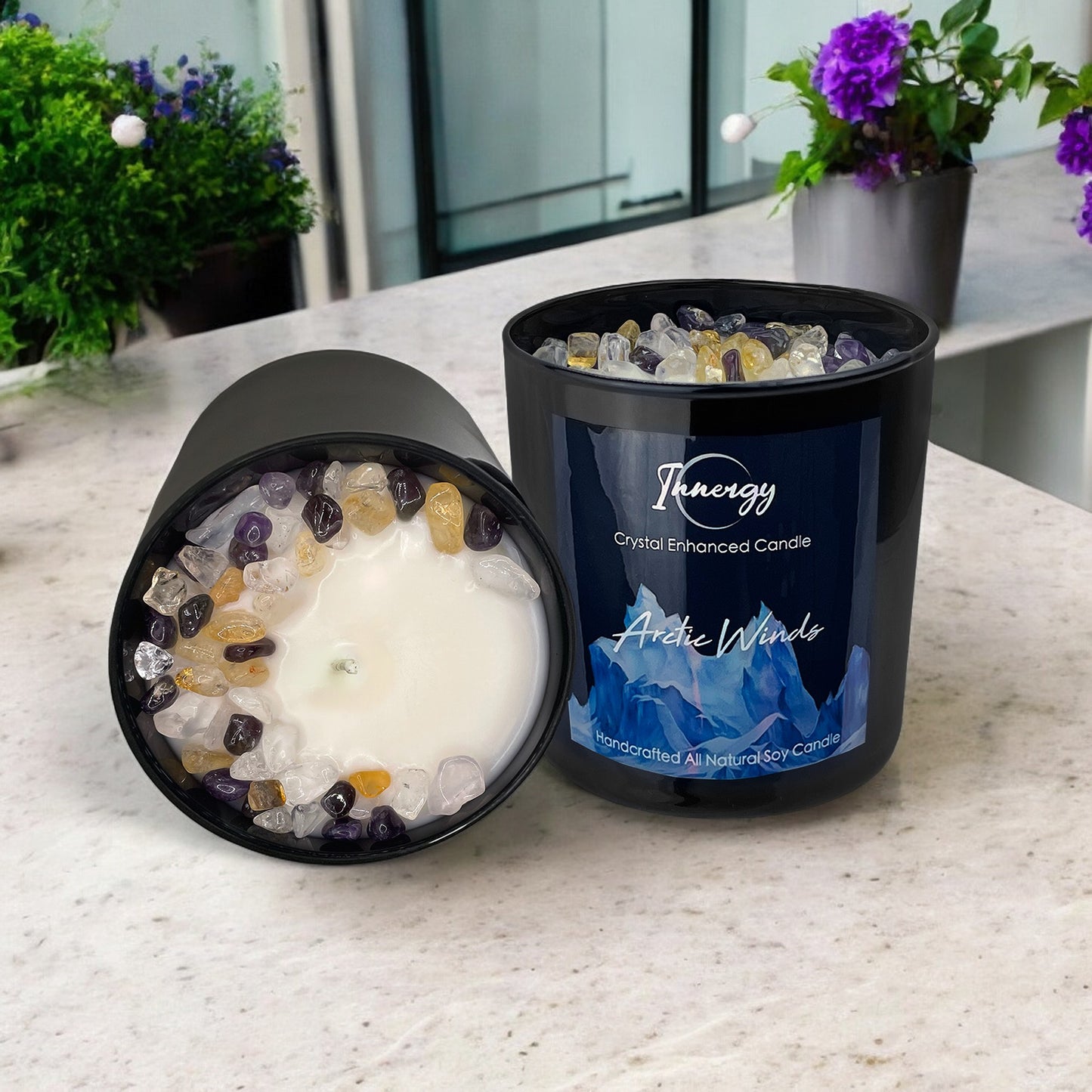 Arctic Winds Crystal Candle with Citrine, Amethyst, and Crystal Quartz | Coconut-Soy Wax Candle, 9oz