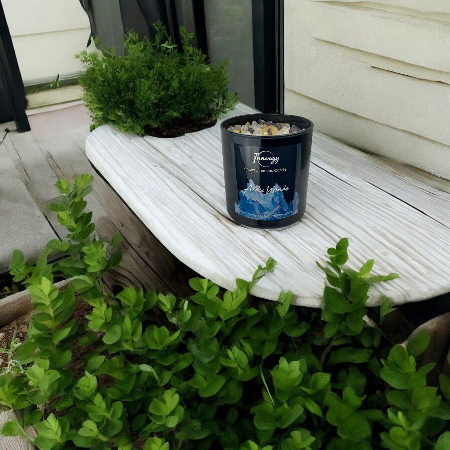 Arctic Winds Crystal Candle with Citrine, Amethyst, and Crystal Quartz | Coconut-Soy Wax Candle, 9oz