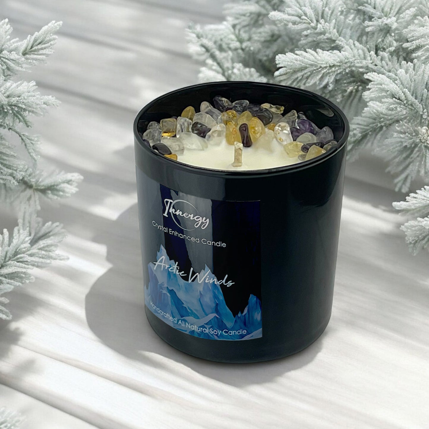 Arctic Winds Crystal Candle with Citrine, Amethyst, and Crystal Quartz | Coconut-Soy Wax Candle, 9oz