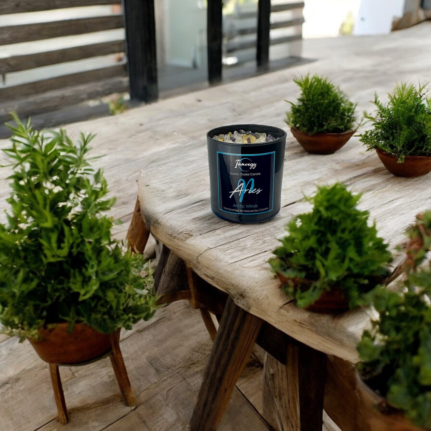 Aries Zodiac Crystal Candle with Citrine, Amethyst, and Crystal Quartz | Coconut-Soy Wax Candle, 9oz