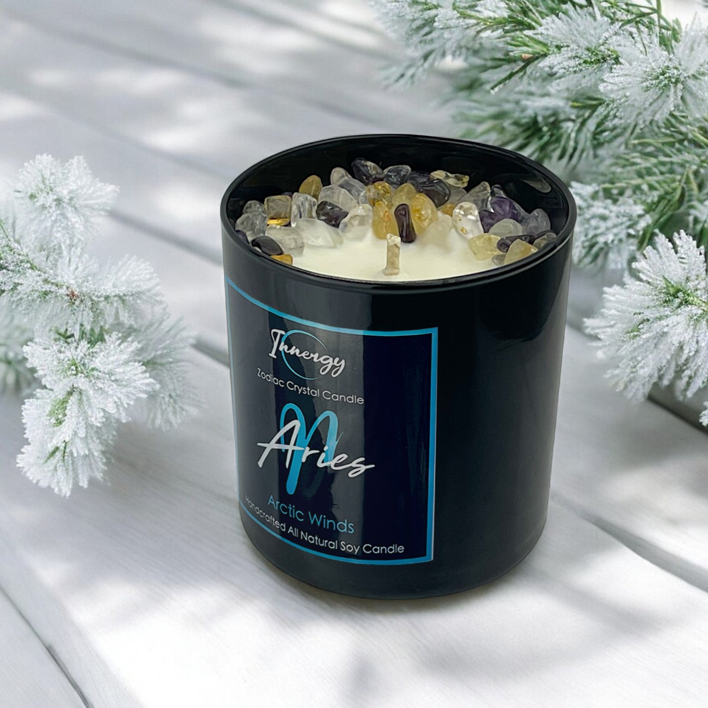 Aries Zodiac Crystal Candle with Citrine, Amethyst, and Crystal Quartz | Coconut-Soy Wax Candle, 9oz