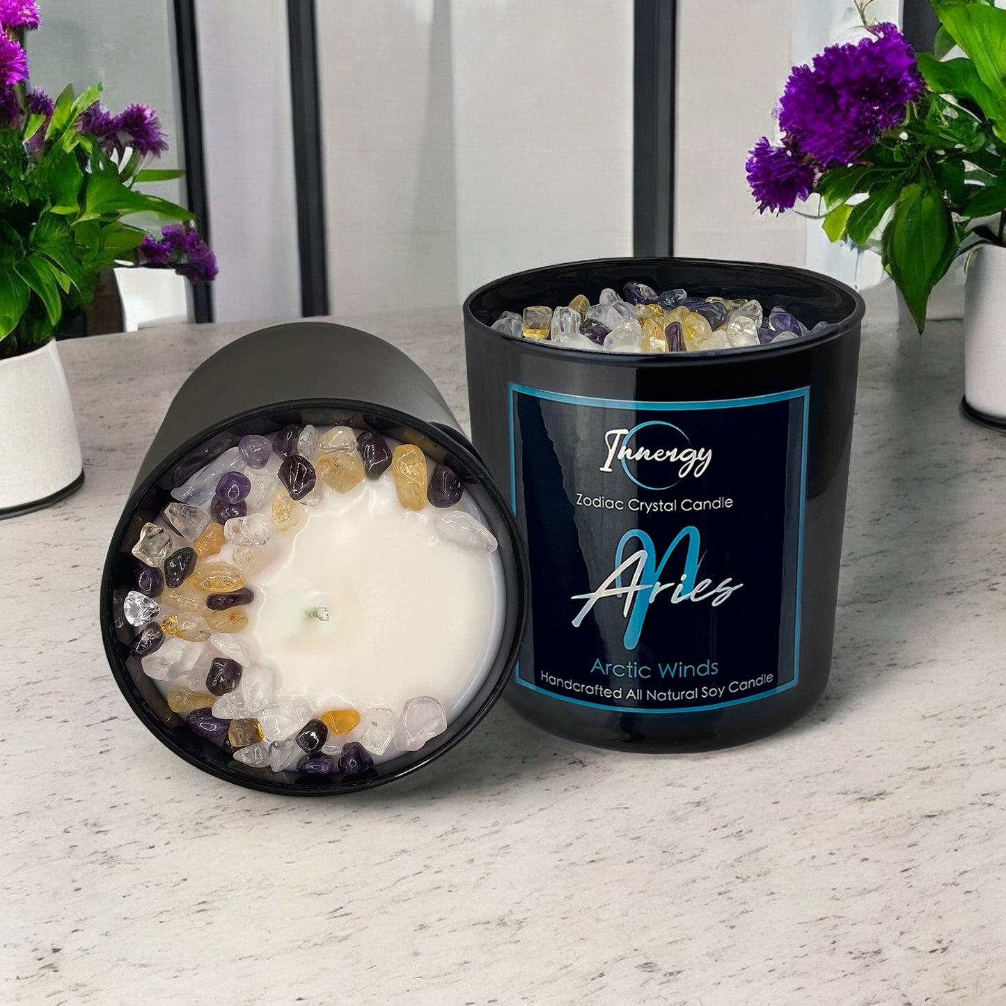 Aries Zodiac Crystal Candle with Citrine, Amethyst, and Crystal Quartz | Coconut-Soy Wax Candle, 9oz
