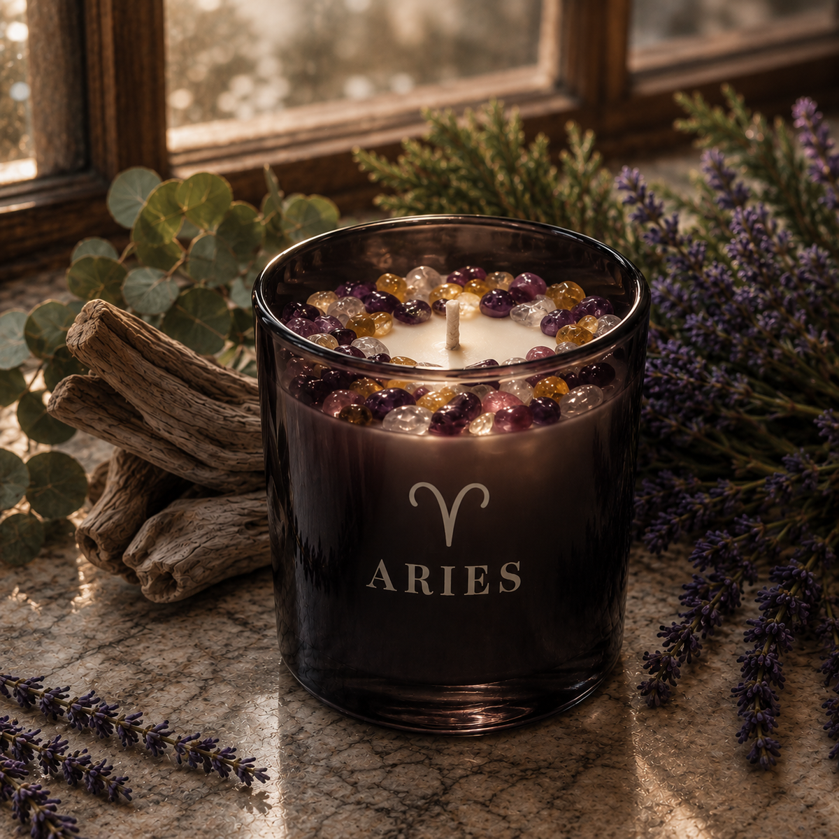 Aries Zodiac Handcrafted Crystal-Infused Coconut Soy Wax Scented Candle, 10oz