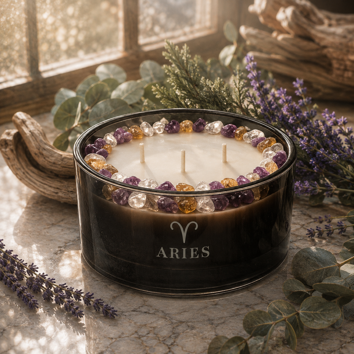 Aries Zodiac Handcrafted Crystal-Infused Coconut Soy 3-Wick Scented Candle, 16oz