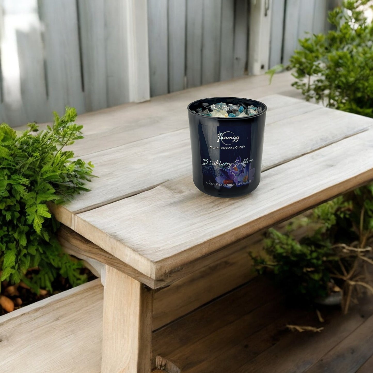 Blackberry Saffron Crystal Candle with Obsidian, Blue Apatite, and Crystal Quartz | Coconut-Soy Wax Candle, 9oz