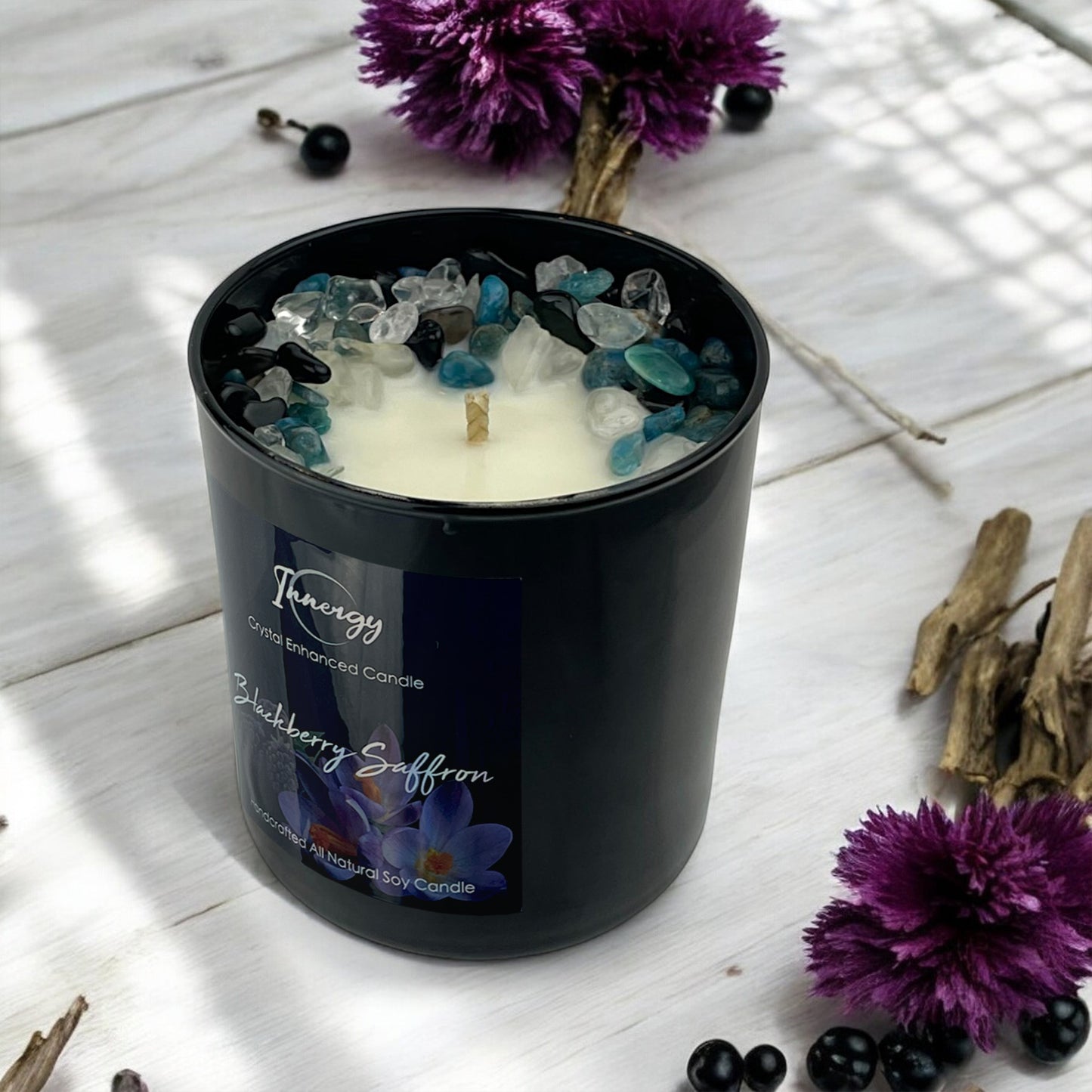 Blackberry Saffron Crystal Candle with Obsidian, Blue Apatite, and Crystal Quartz | Coconut-Soy Wax Candle, 9oz
