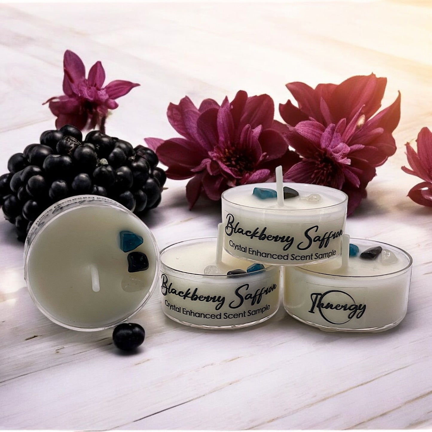 Blackberry Saffron, Premium Coconut-Soy Wax Tea Light Crystal Candle, 1oz