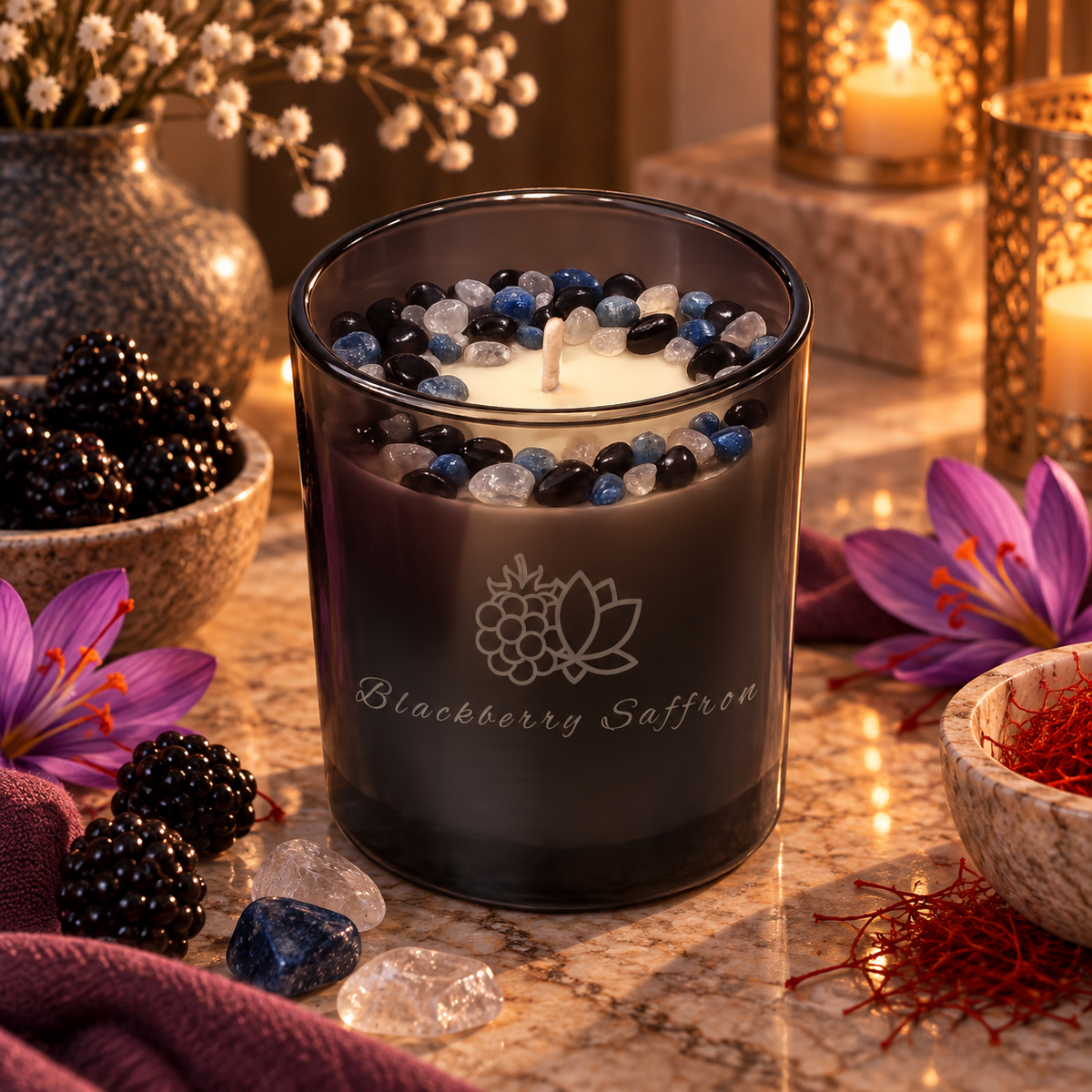 Blackberry Saffron Handcrafted Crystal-Infused Coconut Soy Wax Scented Candle, 10oz