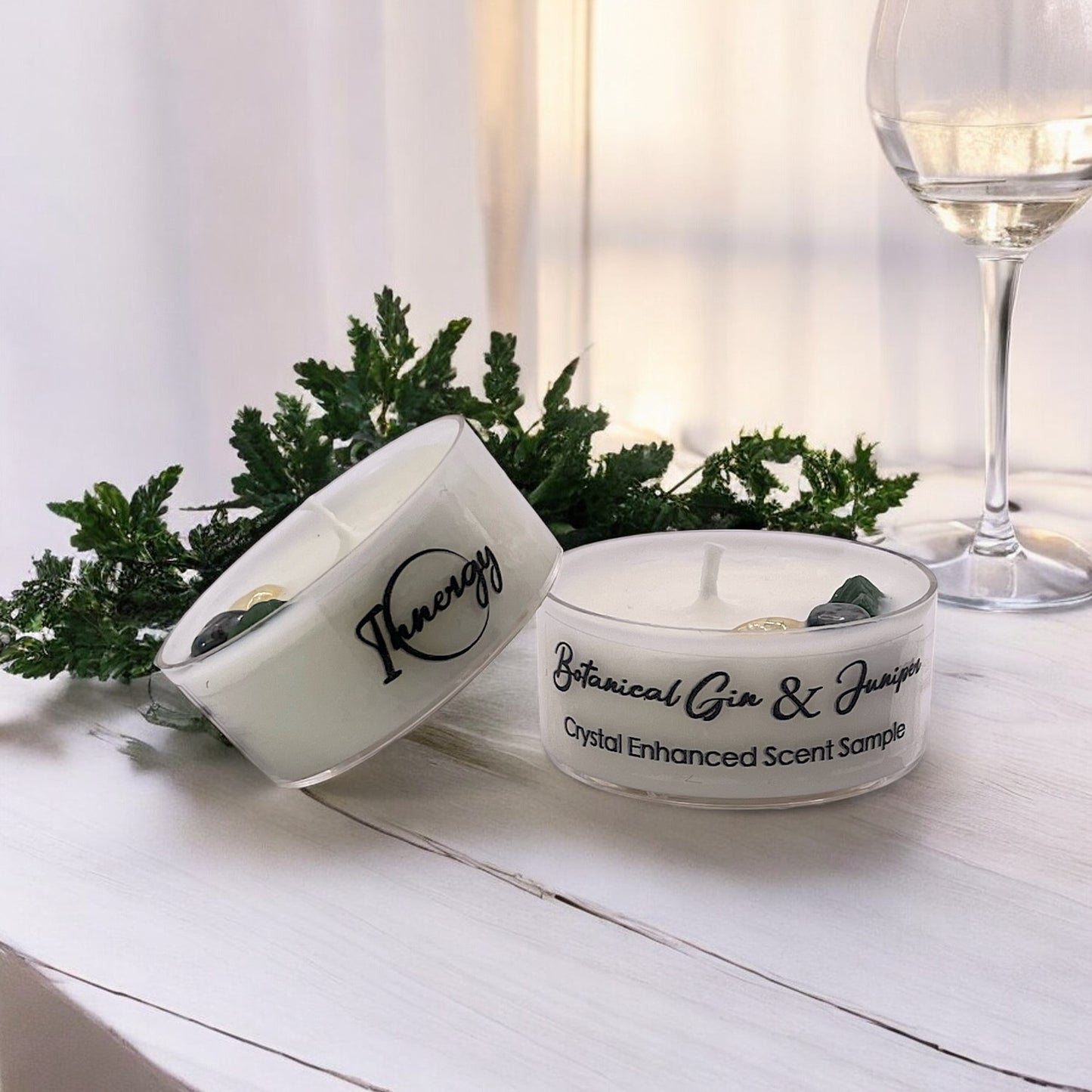 Botanical Gin & Juniper, Premium Coconut-Soy Wax Tea Light Crystal Candle, 1oz