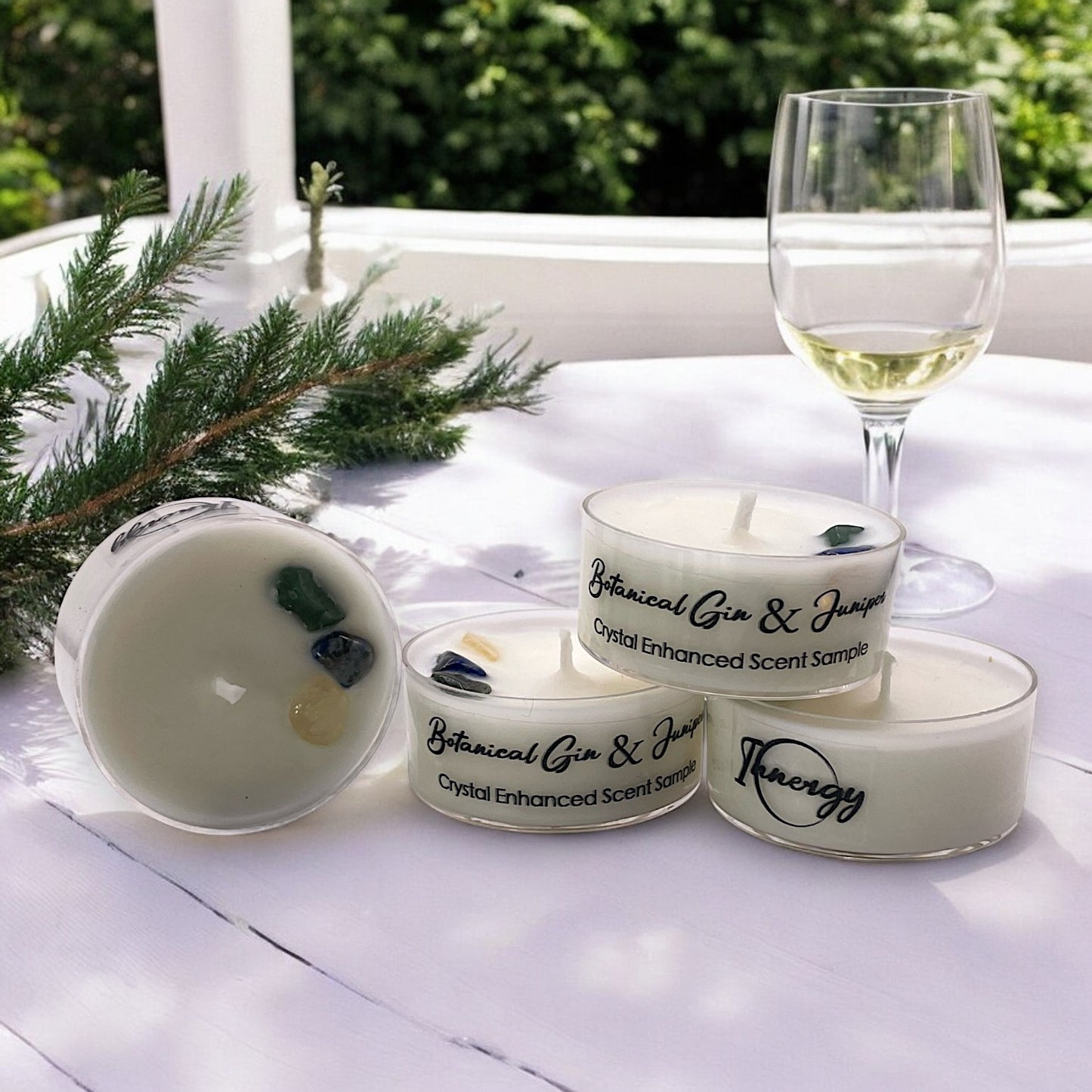 Botanical Gin & Juniper, Premium Coconut-Soy Wax Tea Light Crystal Candle, 1oz