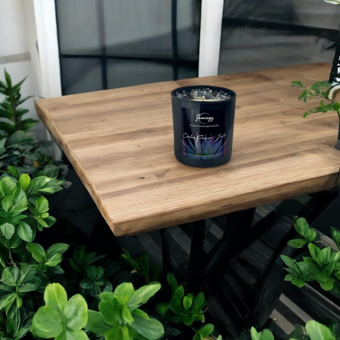 Cactus Flower and Jade Crystal Candle with Kyanite, Amethyst, and Crystal Quartz | Coconut-Soy Wax Candle, 9oz