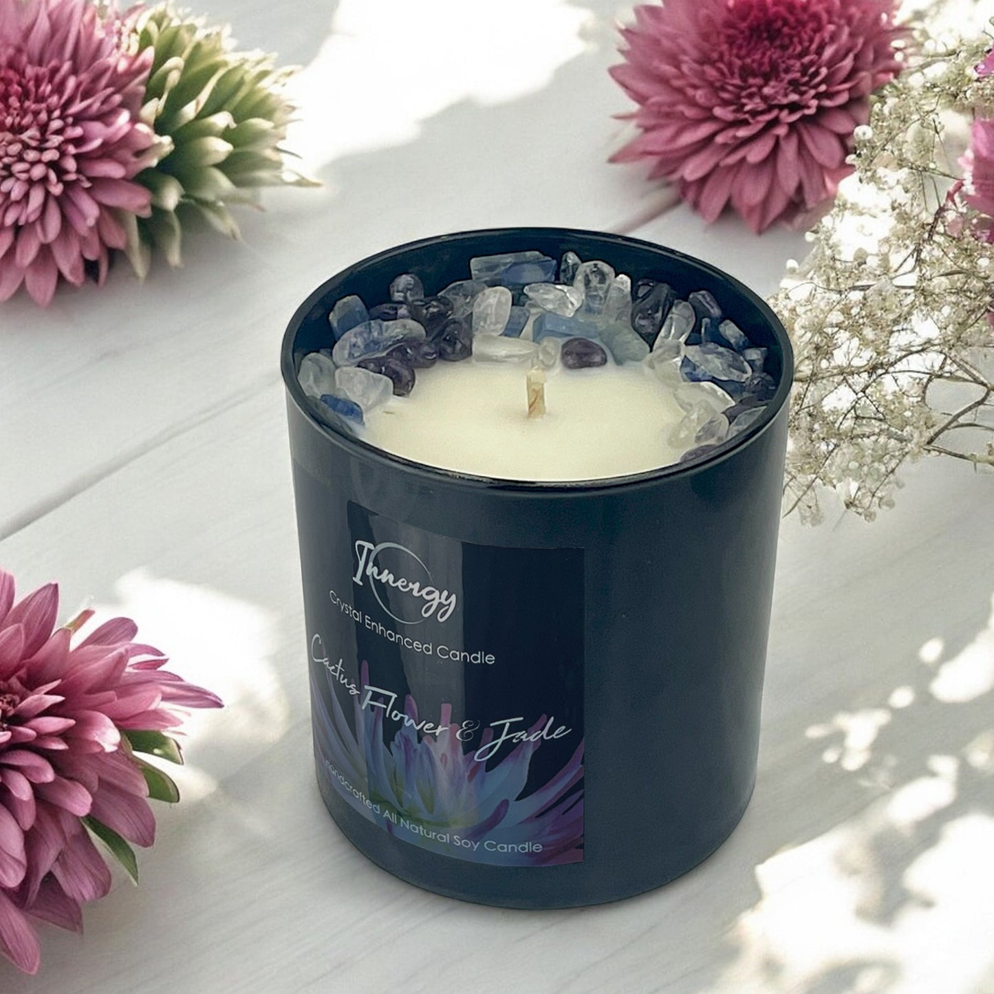 Cactus Flower and Jade Crystal Candle with Kyanite, Amethyst, and Crystal Quartz | Coconut-Soy Wax Candle, 9oz