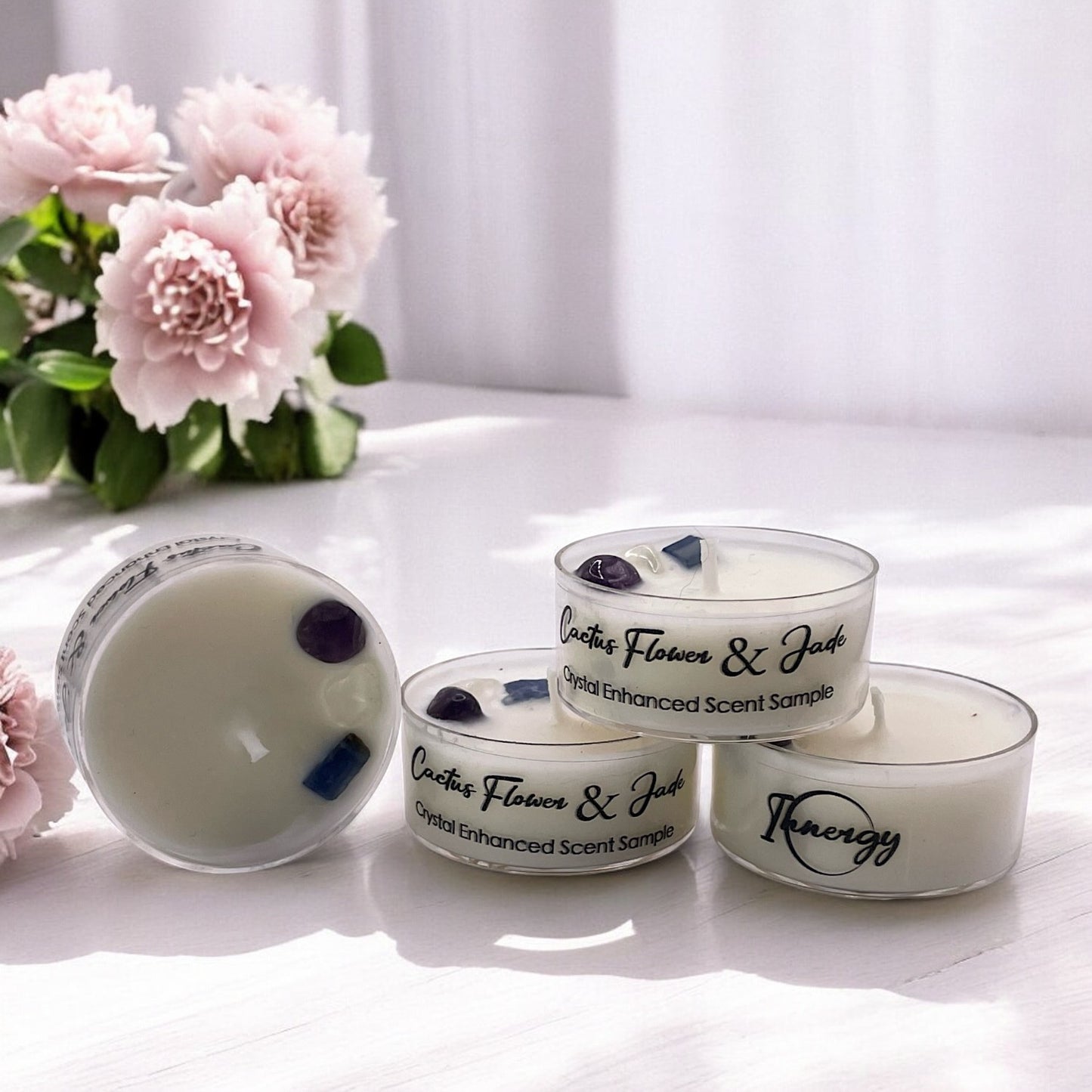 Cactus Flower and Jade, Premium Coconut-Soy Wax Tea Light Crystal Candle, 1oz