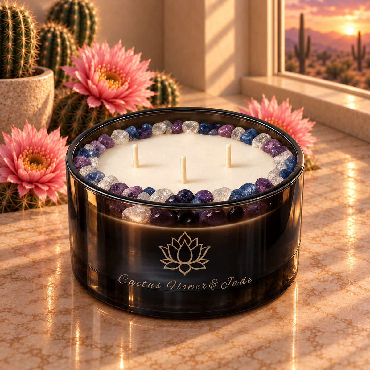 Cactus Flower and Jade Handcrafted Crystal-Infused Coconut Soy 3-Wick Scented Candle, 16oz