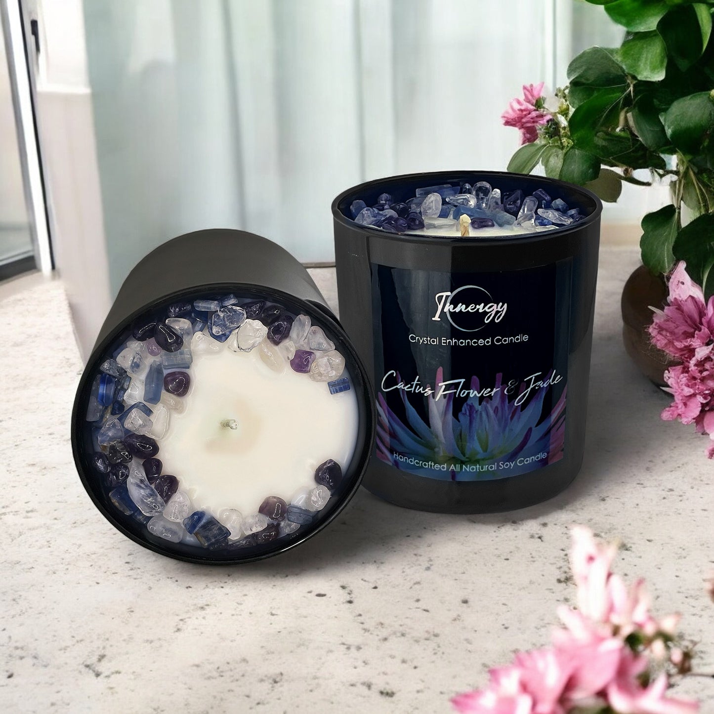 Cactus Flower and Jade Crystal Candle with Kyanite, Amethyst, and Crystal Quartz | Coconut-Soy Wax Candle, 9oz