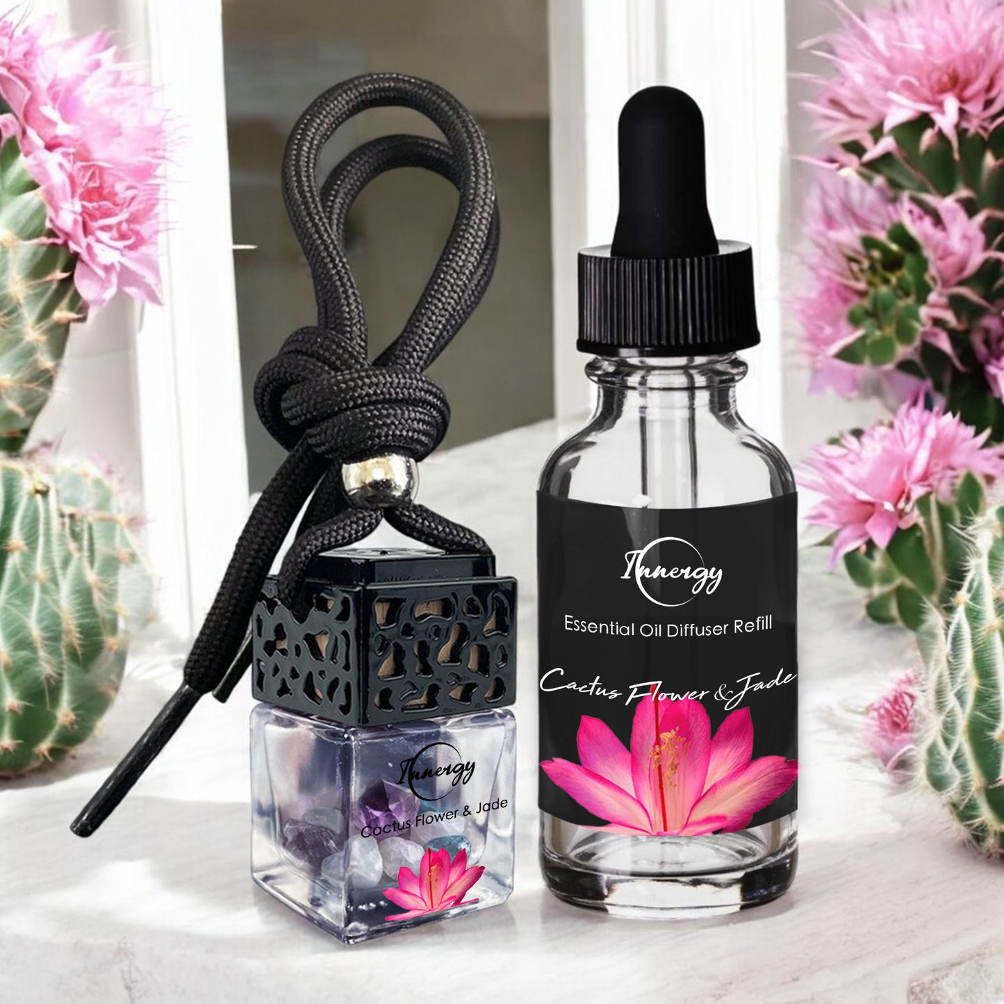 Cactus Flower and Jade Crystal-Enhanced Oil Diffuser, Car Air Freshener, 8ml