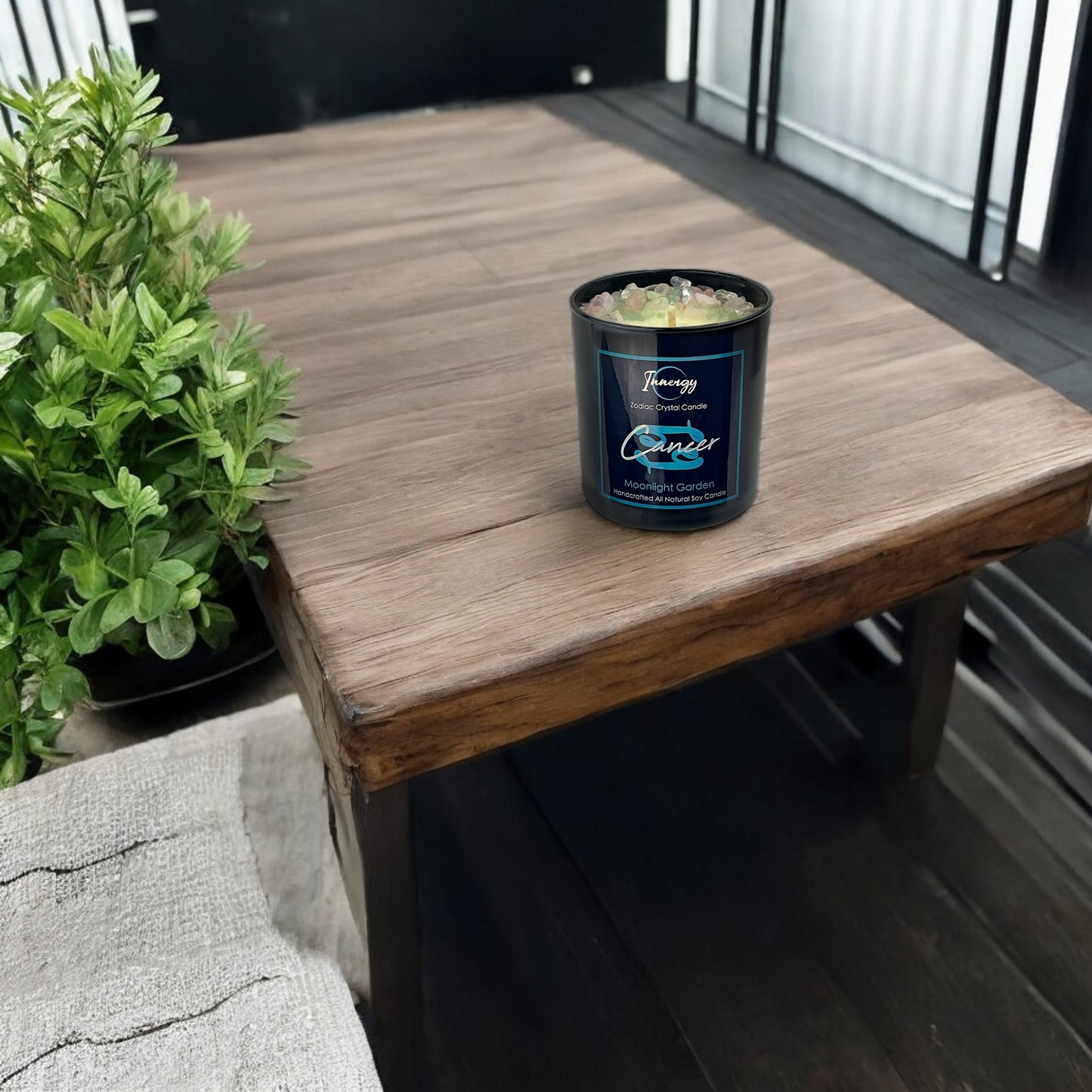 Cancer Zodiac Crystal Candle with Green Fluorite, Rose, and Crystal Quartz | Coconut-Soy Wax Candle, 9oz