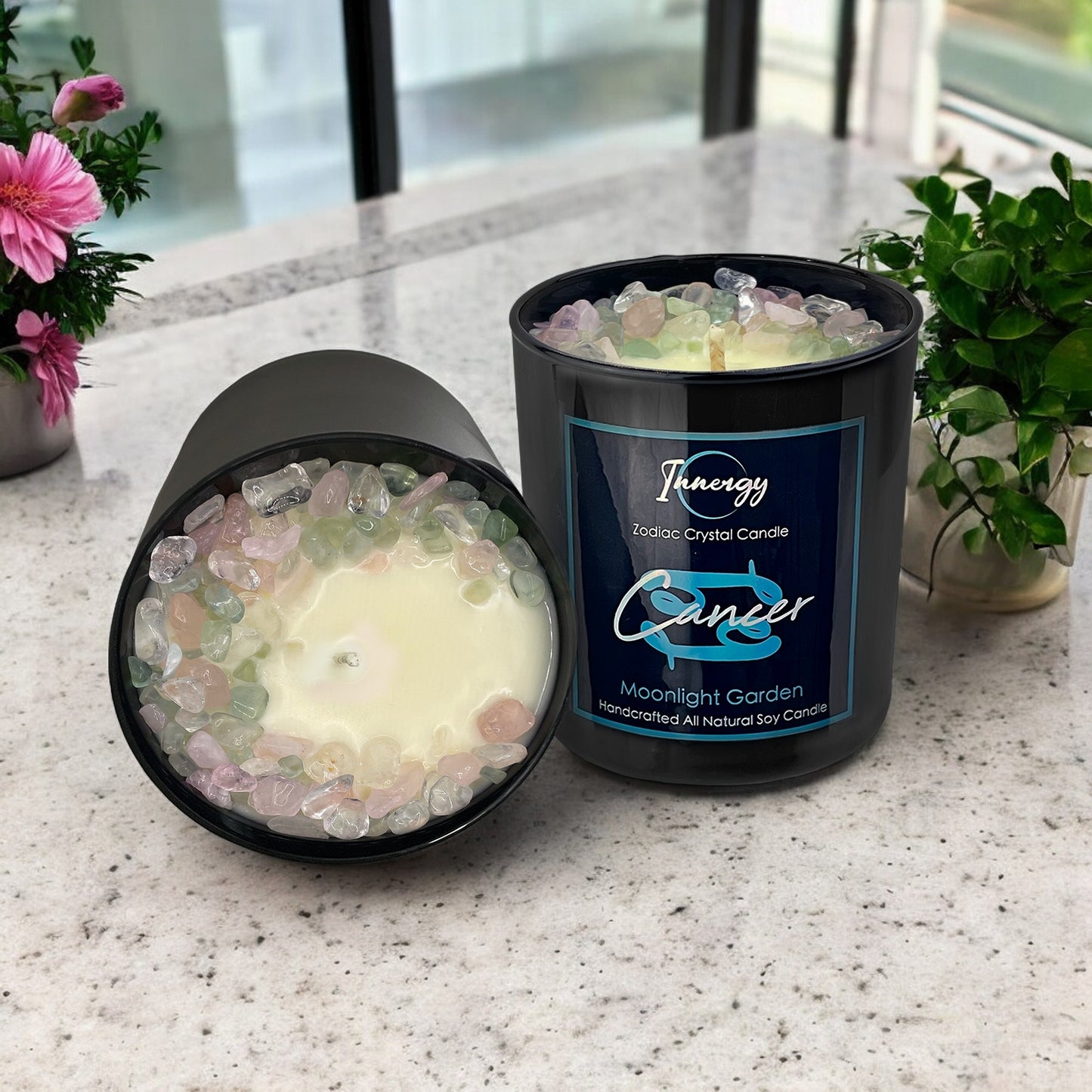 Cancer Zodiac Crystal Candle with Green Fluorite, Rose, and Crystal Quartz | Coconut-Soy Wax Candle, 9oz