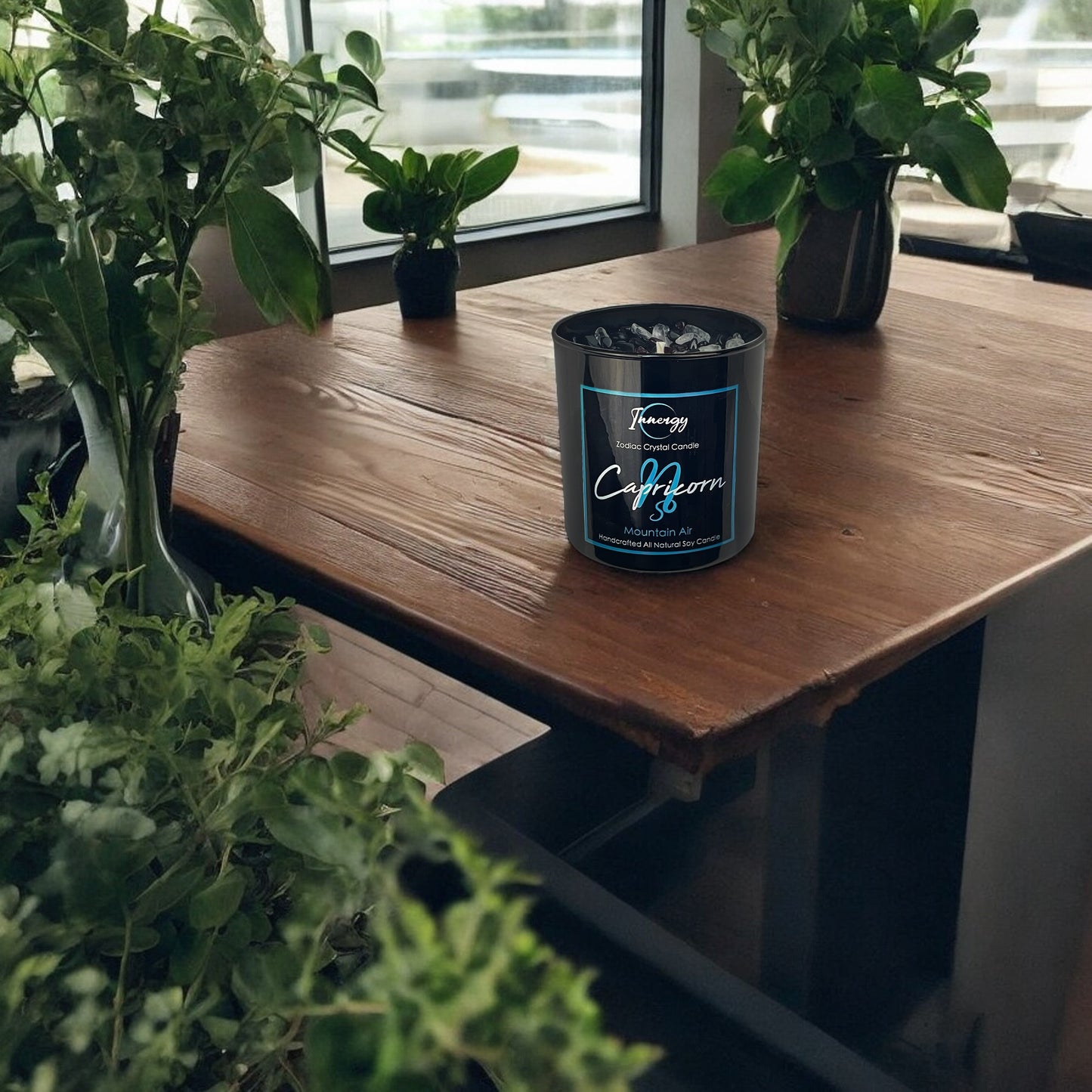 Capricornus Zodiac Crystal Candle with Garnet, Black Obsidian and Crystal Quartz | Coconut-Soy Wax Candle, 9oz