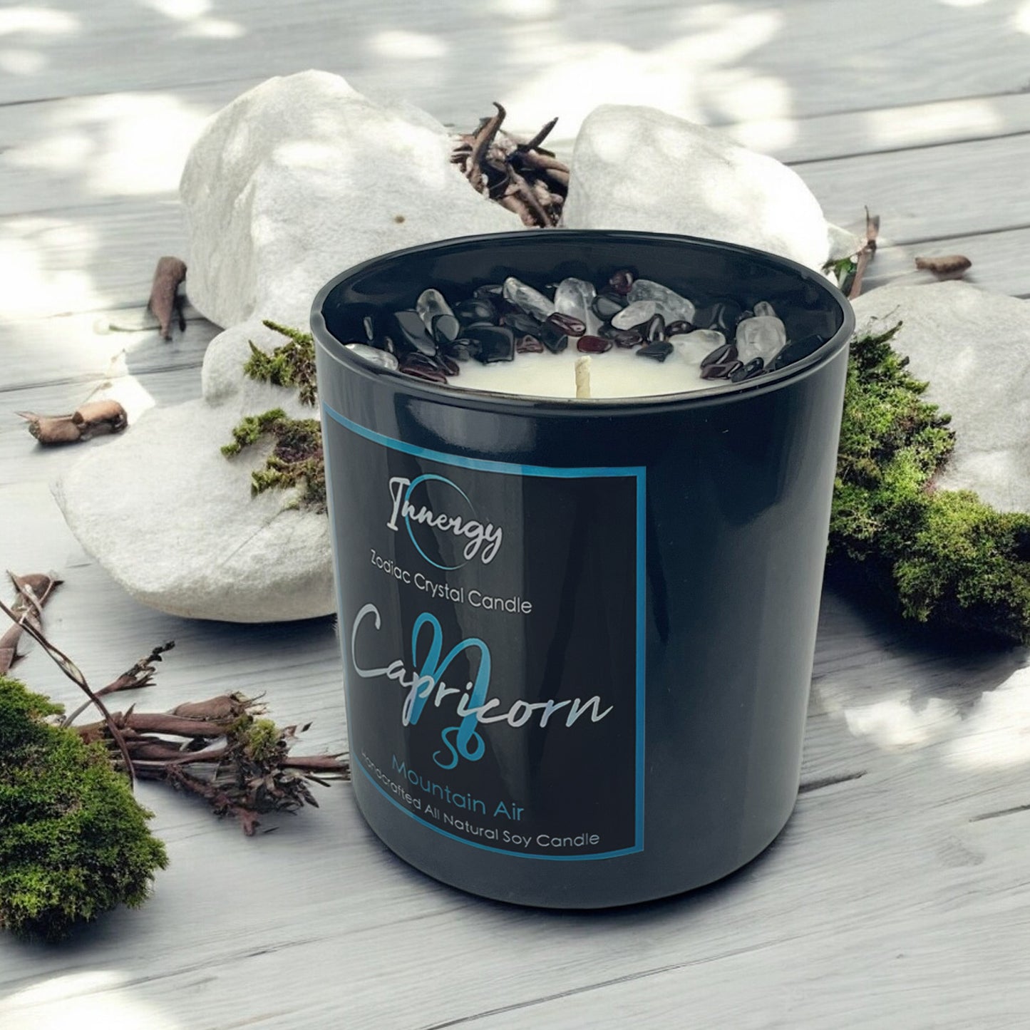Capricornus Zodiac Crystal Candle with Garnet, Black Obsidian and Crystal Quartz | Coconut-Soy Wax Candle, 9oz