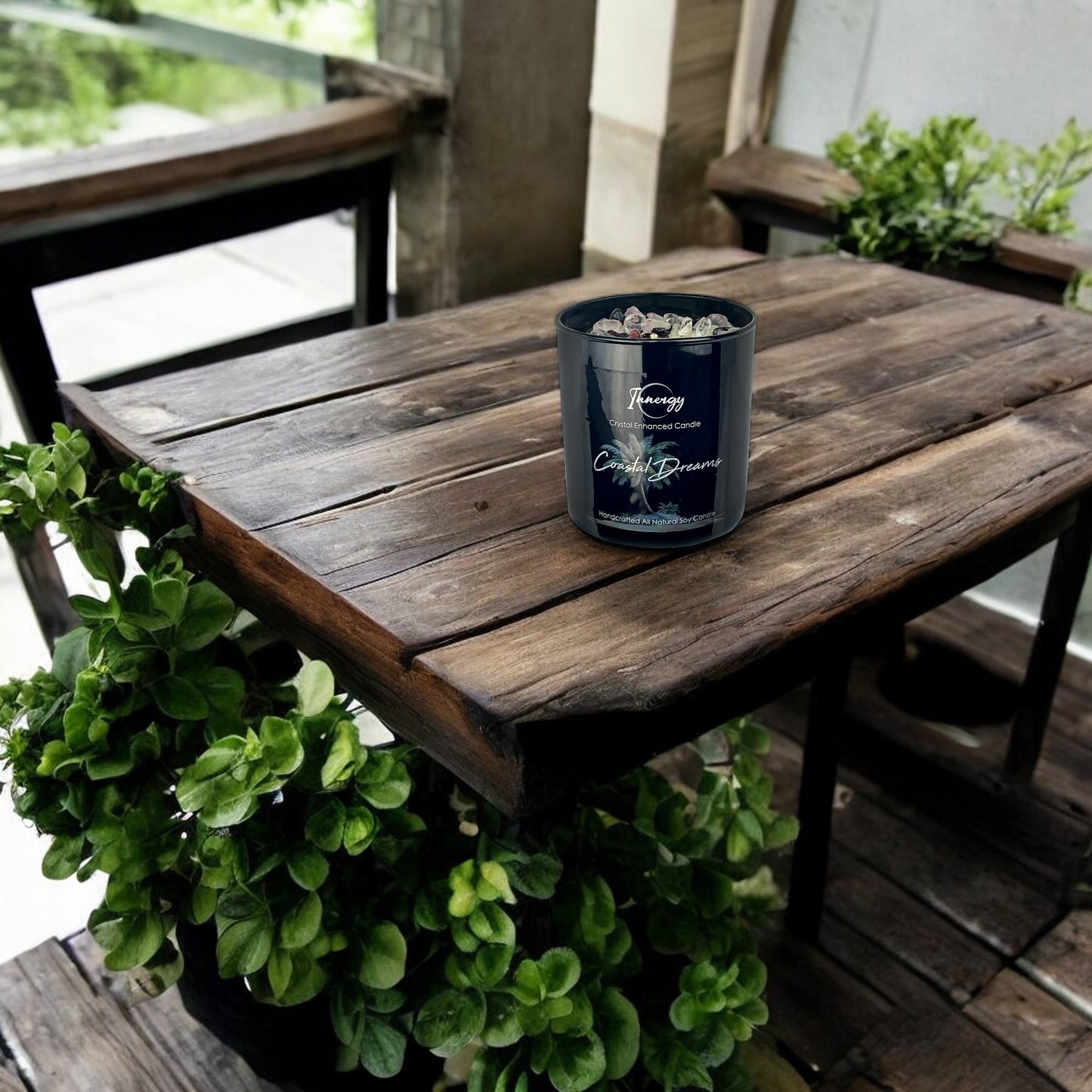 Coastal Dreams Crystal Candle with Garnet, Crystal Quartz, and Rose Quartz | Coconut-Soy Wax Candle, 9oz