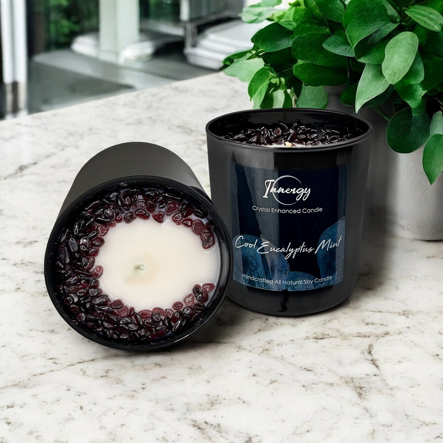 Cool Eucalyptus Mint Crystal Candle with Garnet | Coconut-Soy Wax Candle, 9oz