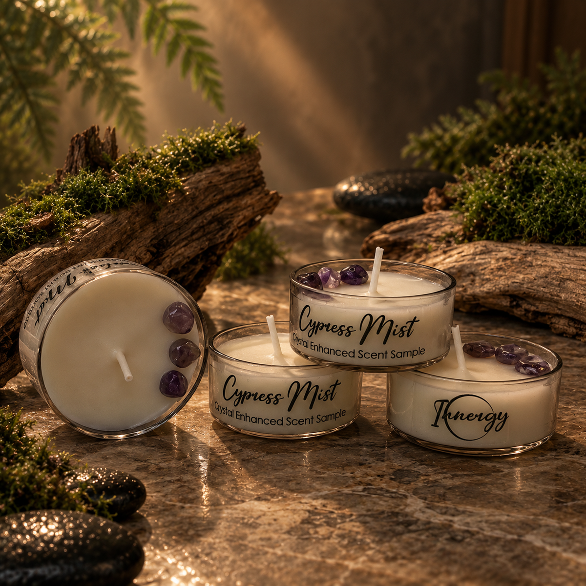 Cypress Mist, Premium Coconut-Soy Wax Tea Light Crystal Candle, 1oz