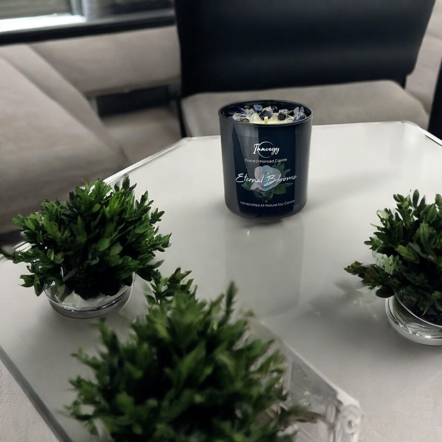 Eternal Blooms Crystal Candle with Black Obsidian, Lapis Lazuli, and Crystal Quartz | Coconut-Soy Wax Candle, 9oz