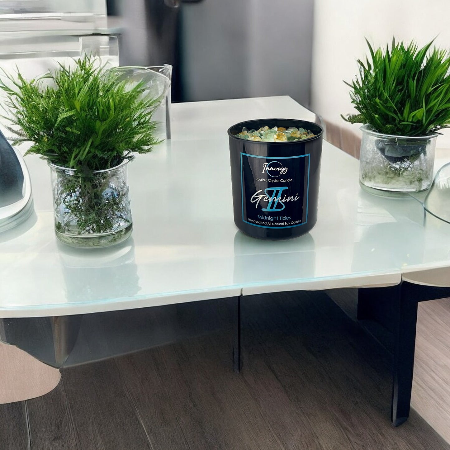 Gemini Zodiac Crystal Candle with Green Fluorite, Citrine, and Green Aventurine | Coconut-Soy Wax Candle, 9oz