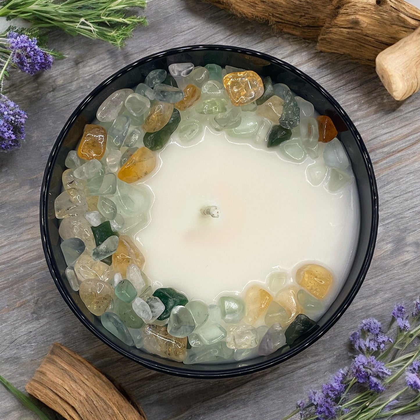 Gemini Zodiac Crystal Candle with Green Fluorite, Citrine, and Green Aventurine | Coconut-Soy Wax Candle, 9oz