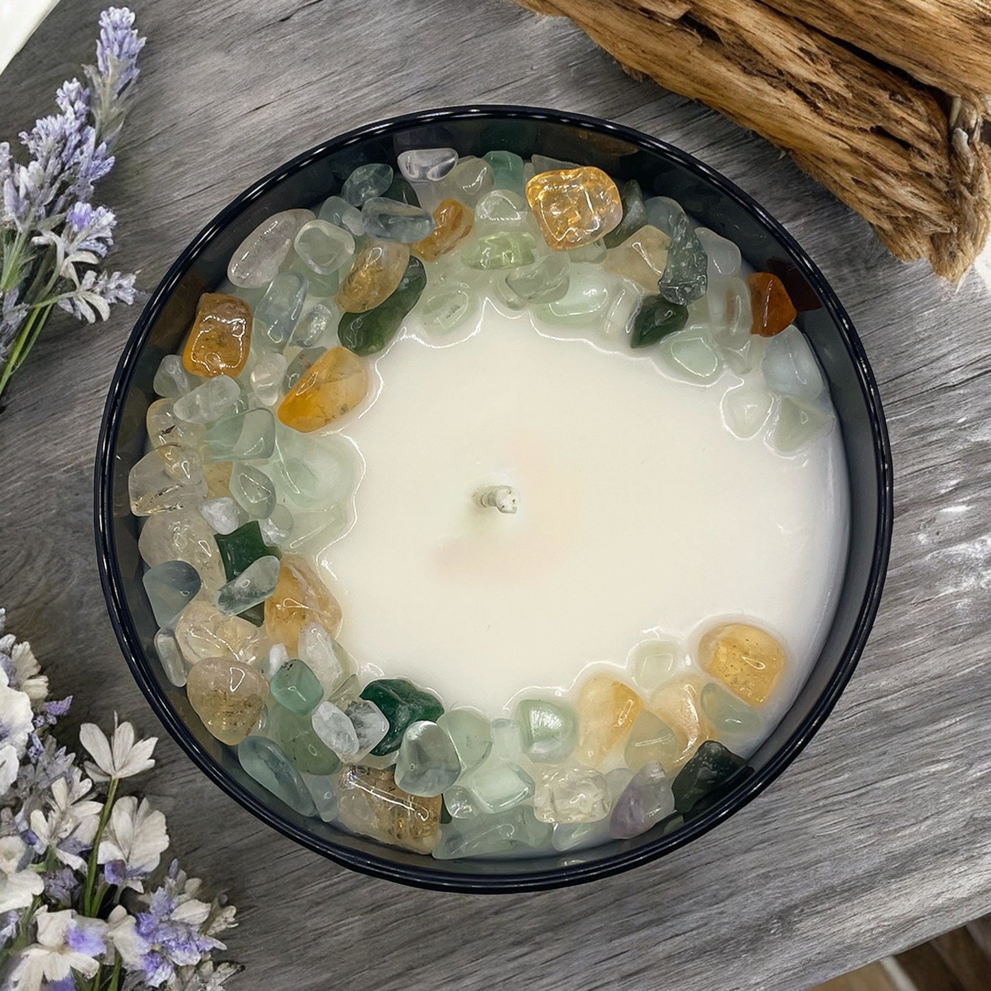 Midnight Tides Crystal Candle with Green Fluorite, Citrine, and Green Aventurine | Coconut-Soy Wax Candle, 9oz