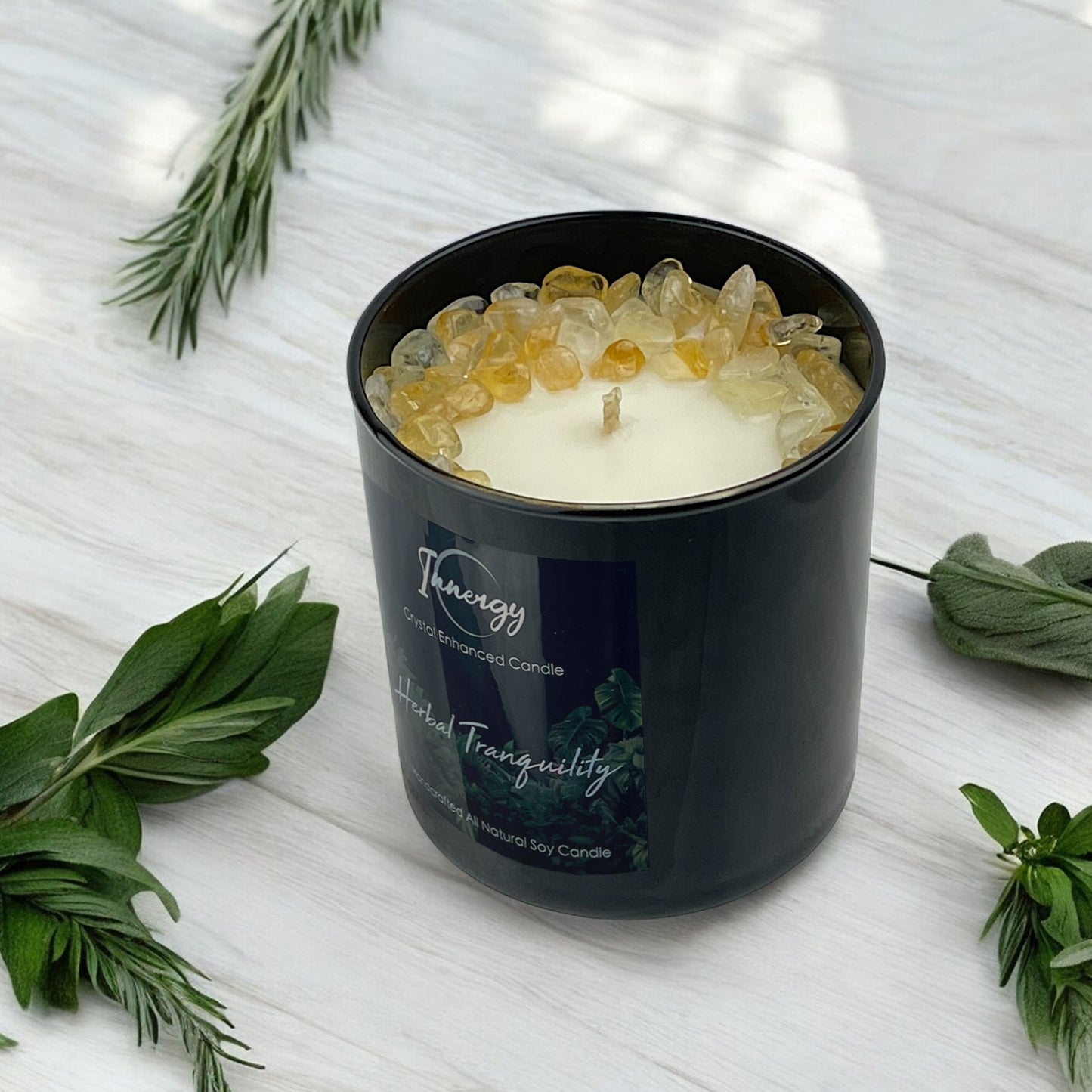 Herbal Tranquility Crystal Candle with Citrine | Coconut-Soy Wax Candle, 9oz