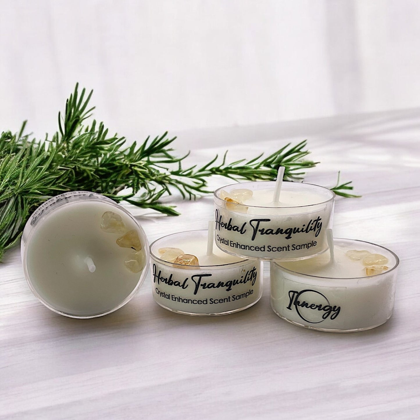 Herbal Tranquility, Premium Coconut-Soy Wax Tea Light Crystal Candle, 1oz