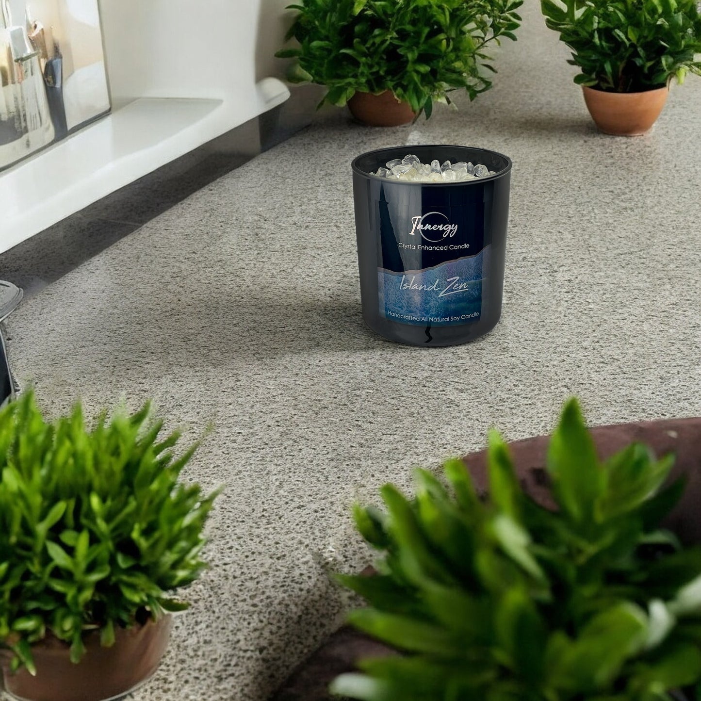 Island Zen Crystal Candle with Crystal Quartz | Coconut-Soy Wax Candle, 9oz