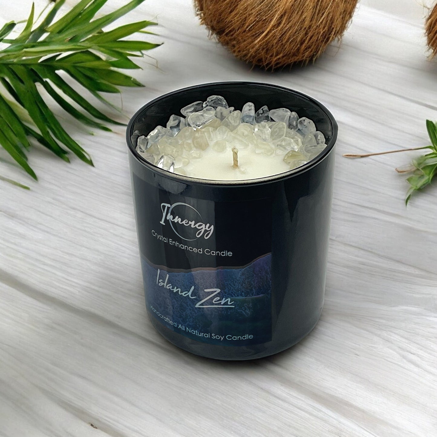 Island Zen Crystal Candle with Crystal Quartz | Coconut-Soy Wax Candle, 9oz