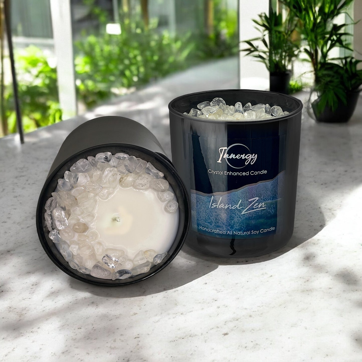 Island Zen Crystal Candle with Crystal Quartz | Coconut-Soy Wax Candle, 9oz
