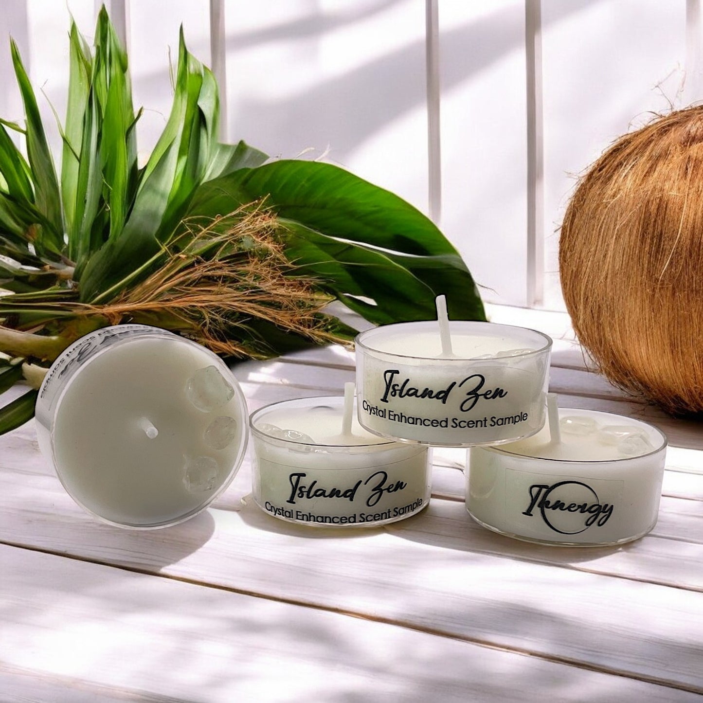 Island Zen, Premium Coconut-Soy Wax Tea Light Crystal Candle, 1oz