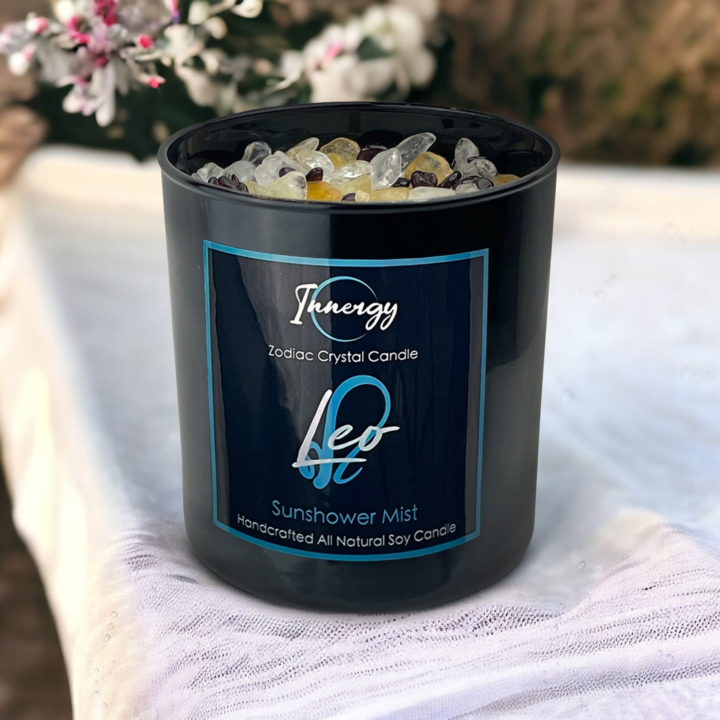 Leo Zodiac Crystal Candle with Garnet, Quartz Crystal, and Citrine | Coconut-Soy Wax Candle, 9oz