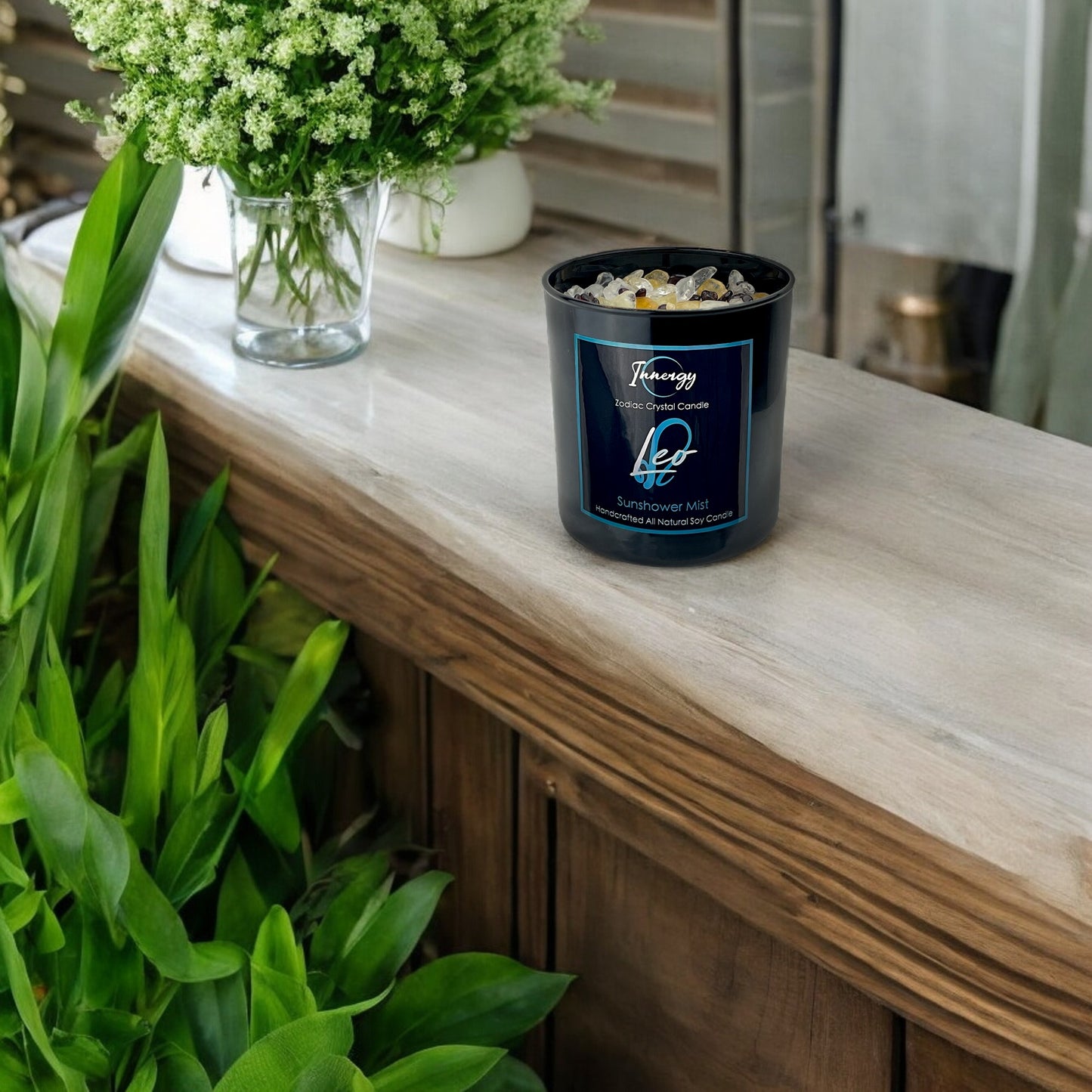 Leo Zodiac Crystal Candle with Garnet, Quartz Crystal, and Citrine | Coconut-Soy Wax Candle, 9oz