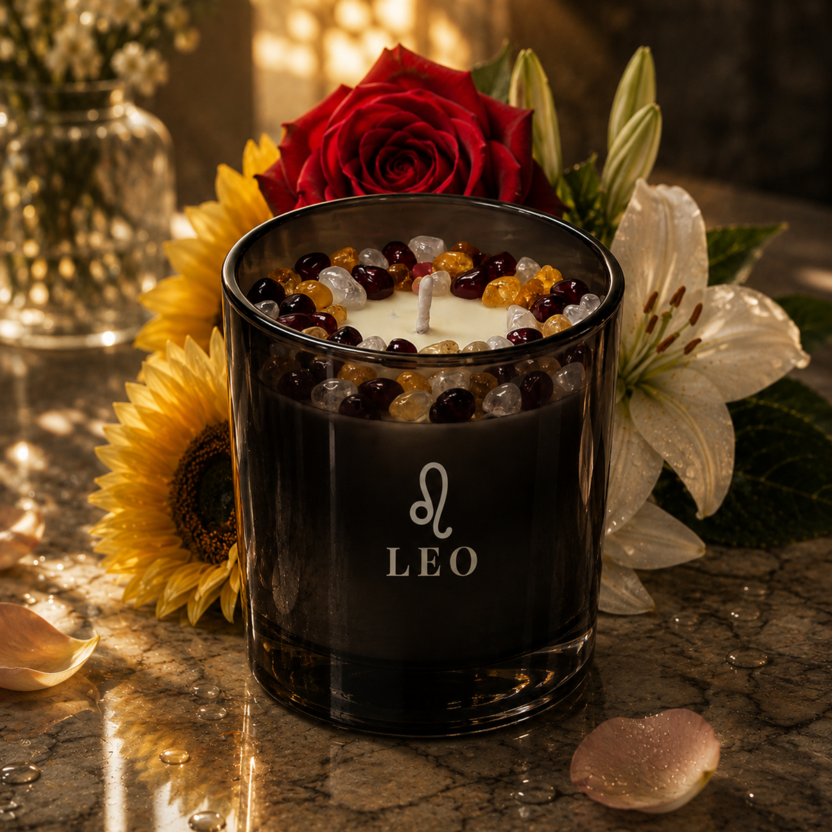 Leo Zodiac Handcrafted Crystal-Infused Coconut Soy Wax Scented Candle, 10oz
