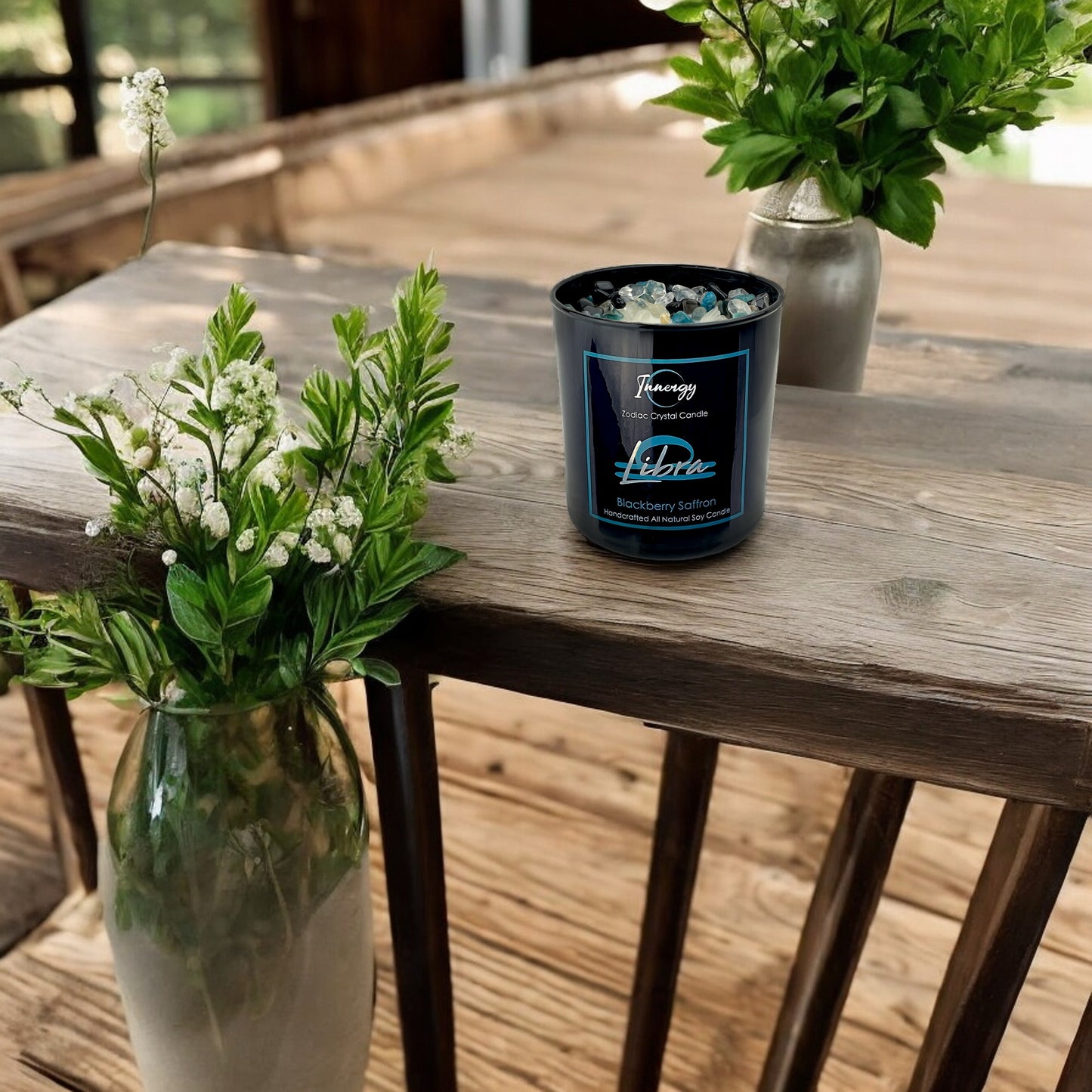 Libra Zodiac Crystal Candle with Obsidian, Blue Apatite, and Crystal Quartz | Coconut-Soy Wax Candle, 9oz