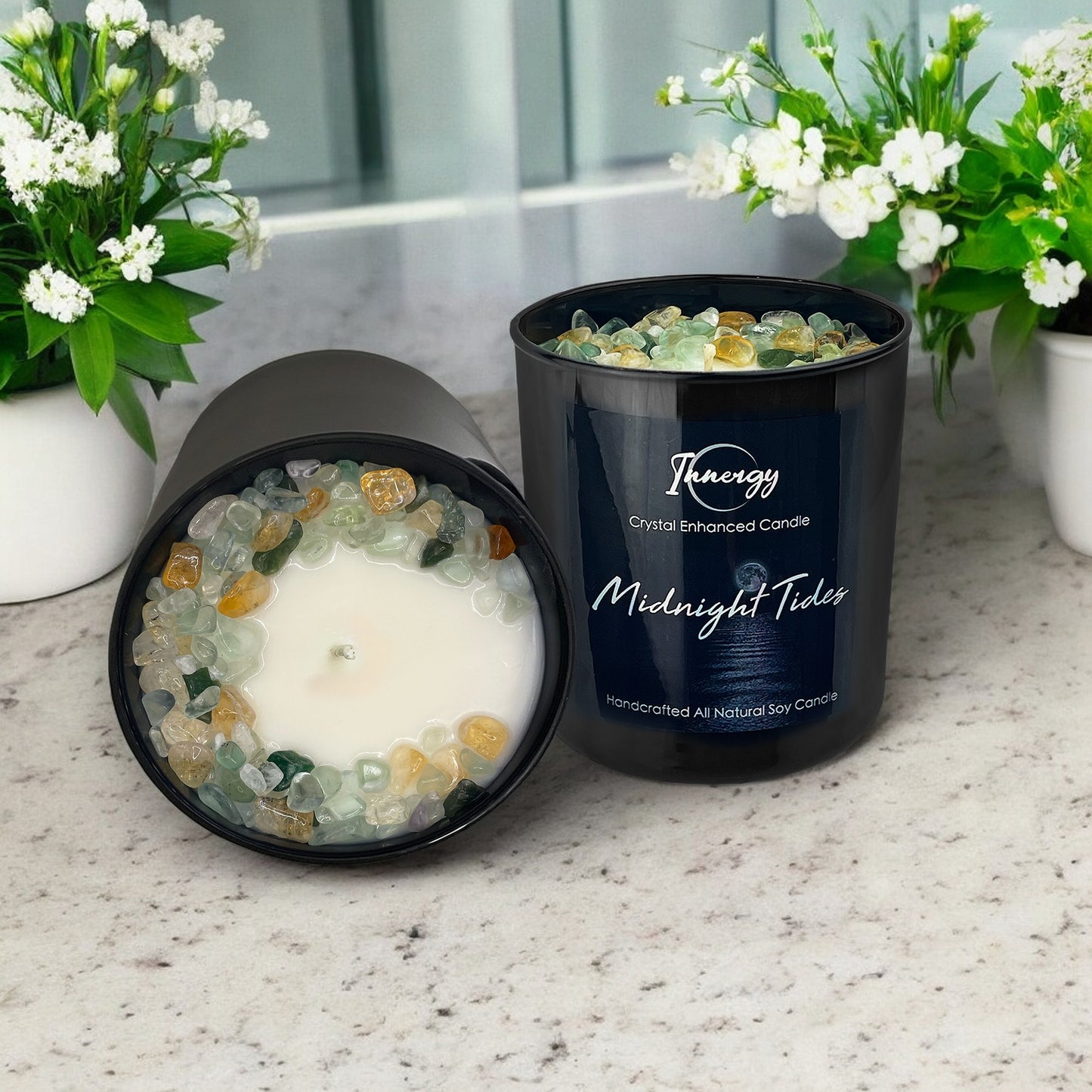 Midnight Tides Crystal Candle with Green Fluorite, Citrine, and Green Aventurine | Coconut-Soy Wax Candle, 9oz