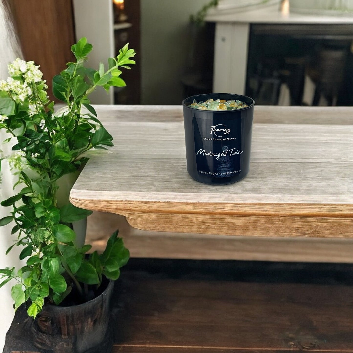 Midnight Tides Crystal Candle with Green Fluorite, Citrine, and Green Aventurine | Coconut-Soy Wax Candle, 9oz