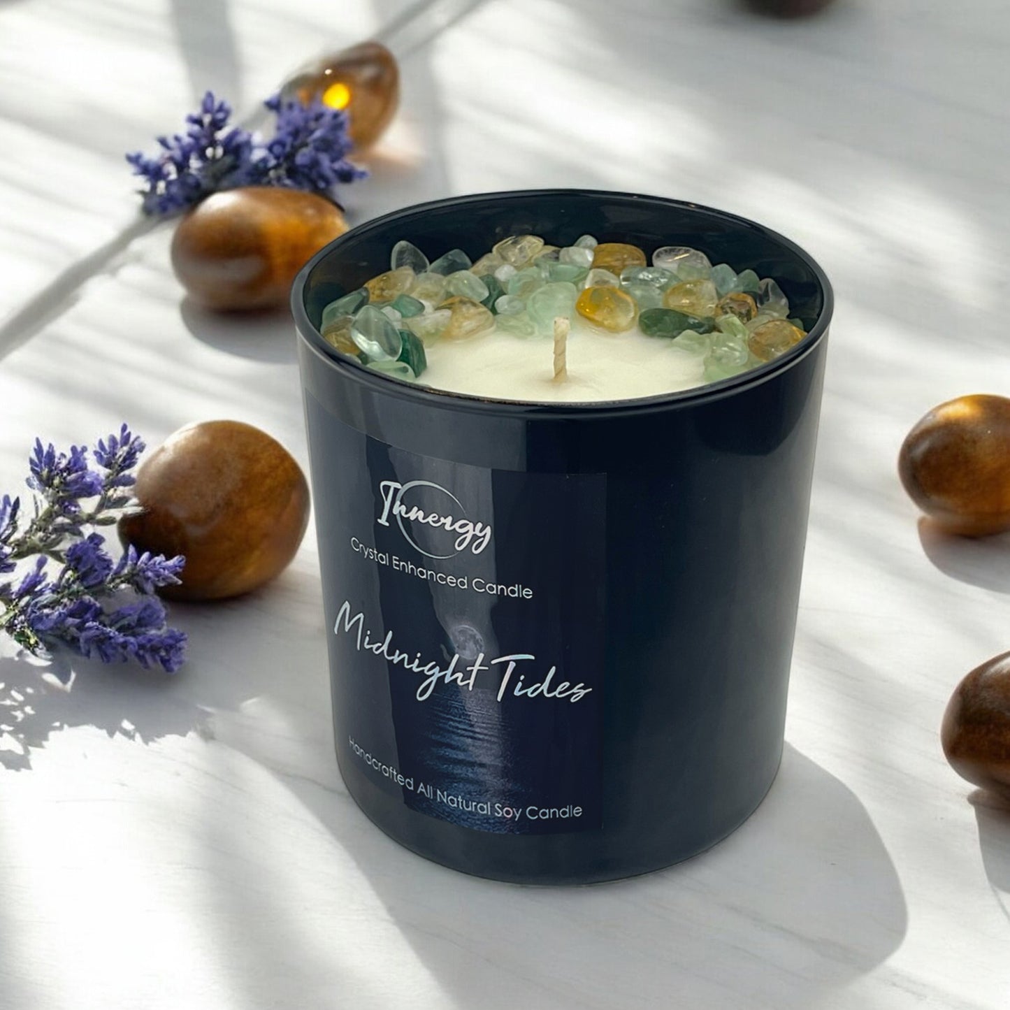 Midnight Tides Crystal Candle with Green Fluorite, Citrine, and Green Aventurine | Coconut-Soy Wax Candle, 9oz