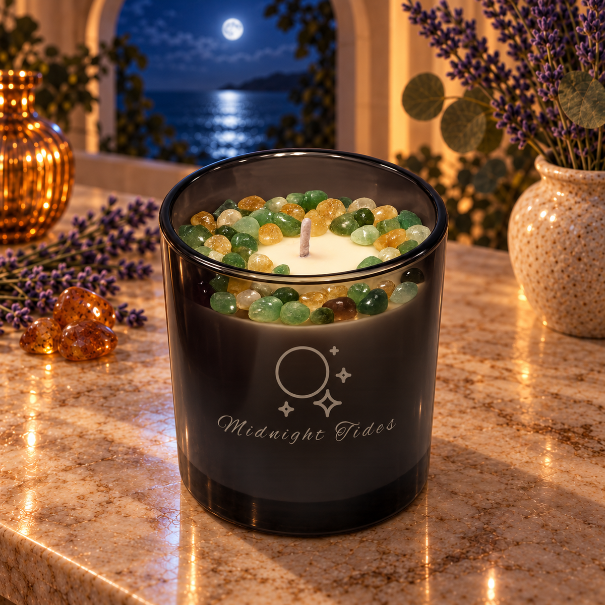 Midnight Tides Handcrafted Crystal-Infused Coconut Soy Wax Scented Candle, 10oz