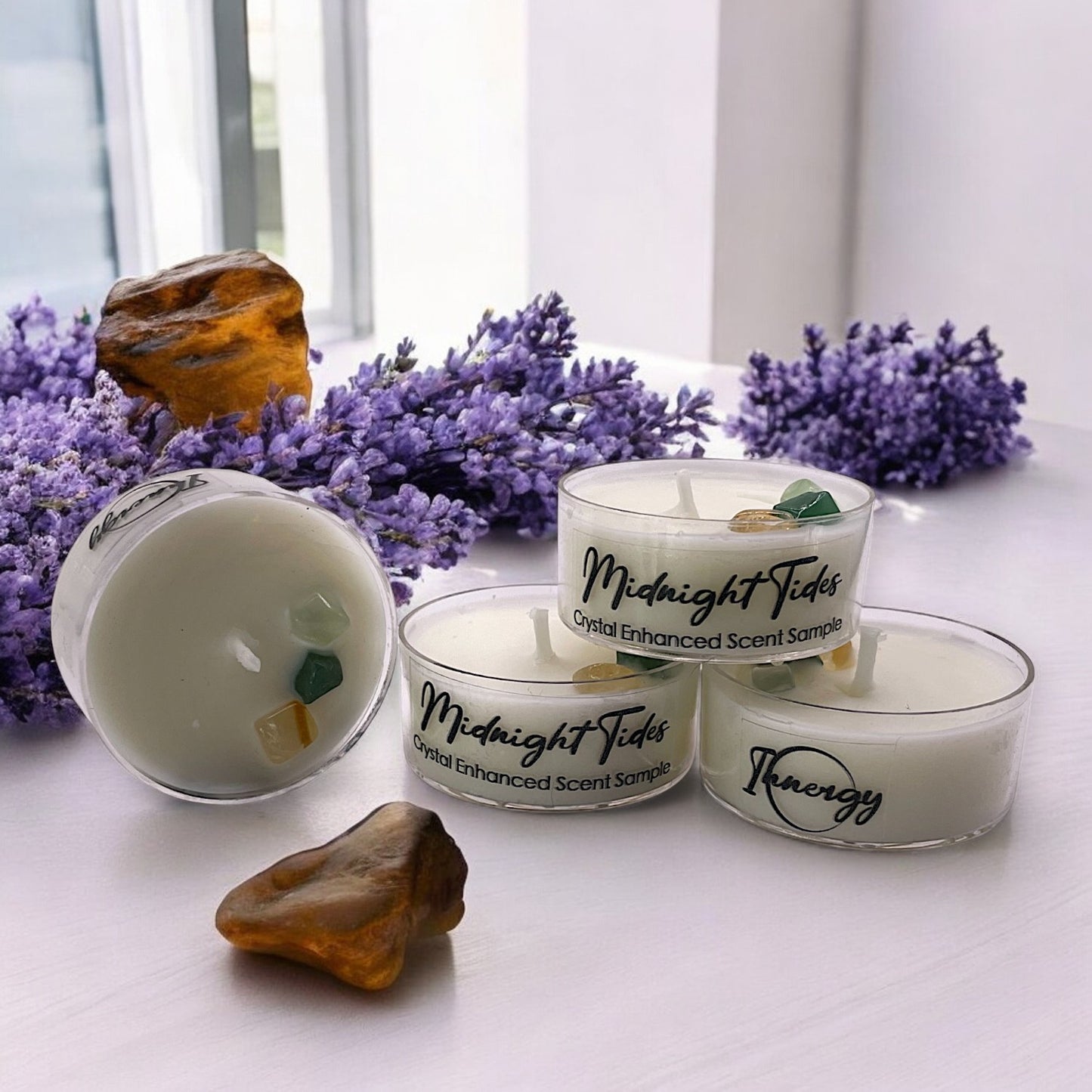 Midnight Tides, Premium Coconut-Soy Wax Tea Light Crystal Candle, 1oz