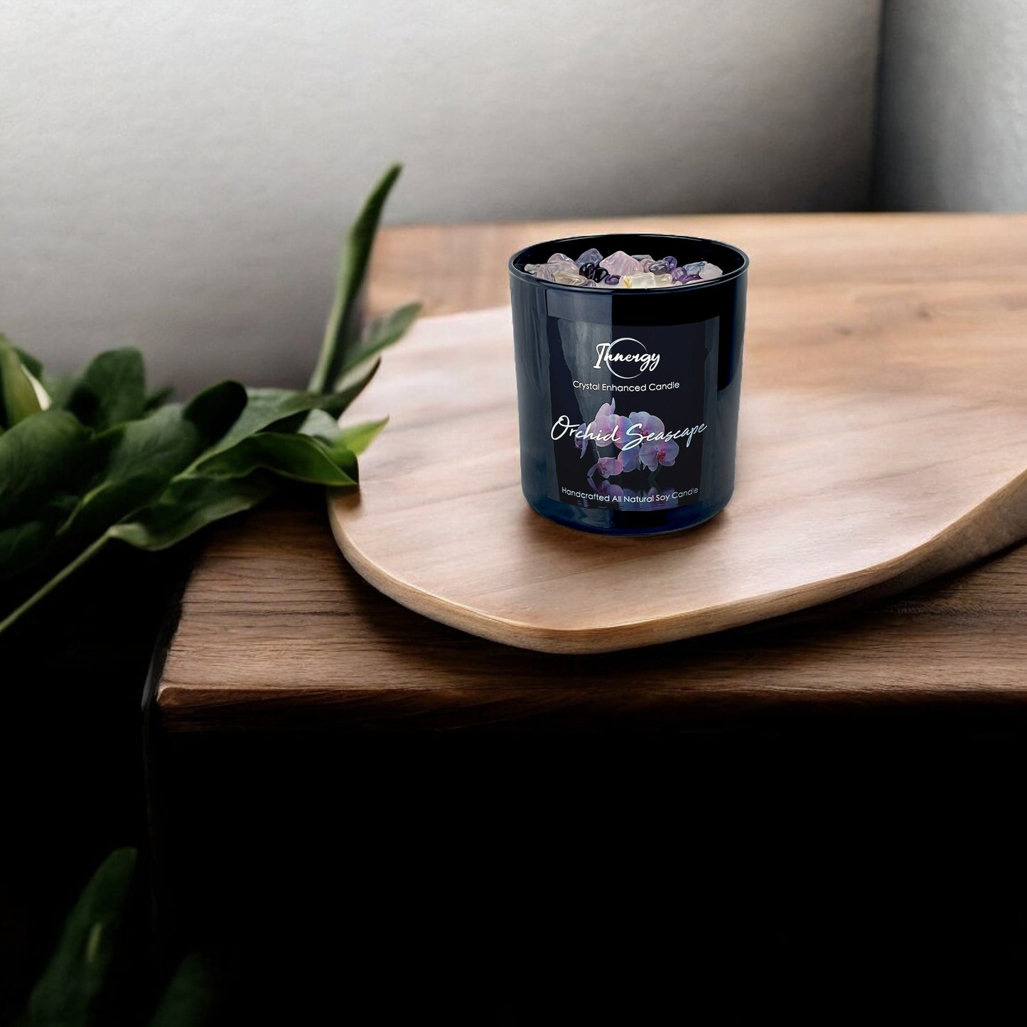 Orchid Seascape Crystal Candle with Amethyst, Rose, and Crystal Quartz | Coconut-Soy Wax Candle, 9oz