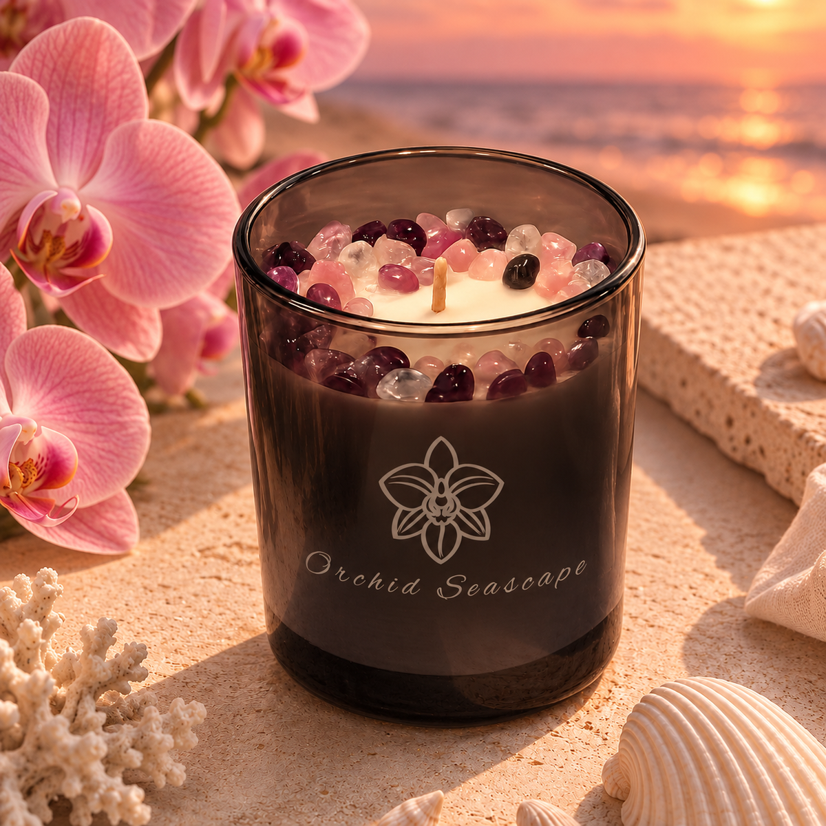 Orchid Seascape Handcrafted Crystal-Infused Coconut Soy Wax Scented Candle, 10oz