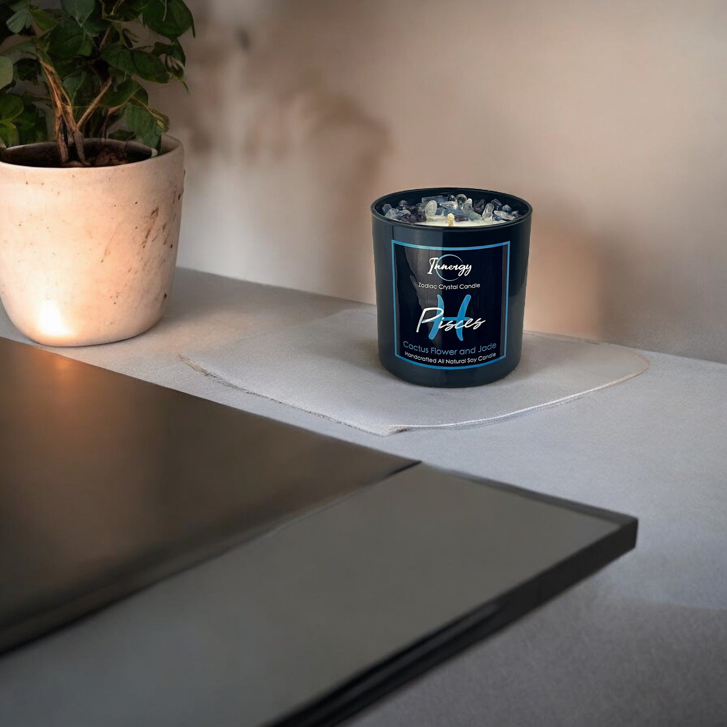 Pisces Zodiac Crystal Candle with Kyanite, Amethyst, and Crystal Quartz | Coconut-Soy Wax Candle, 9oz