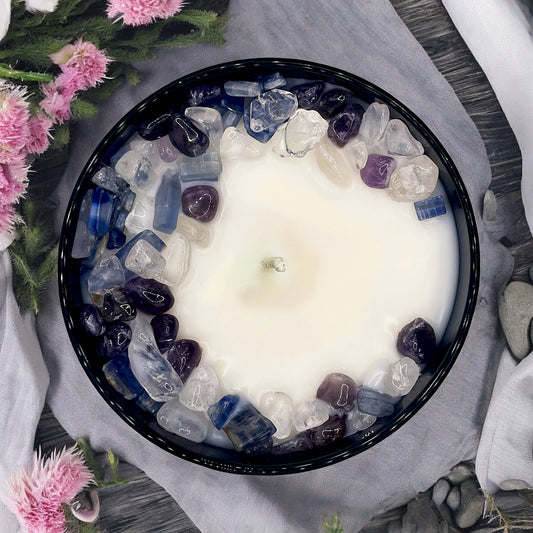 Cactus Flower and Jade Crystal Candle with Kyanite, Amethyst, and Crystal Quartz | Coconut-Soy Wax Candle, 9oz